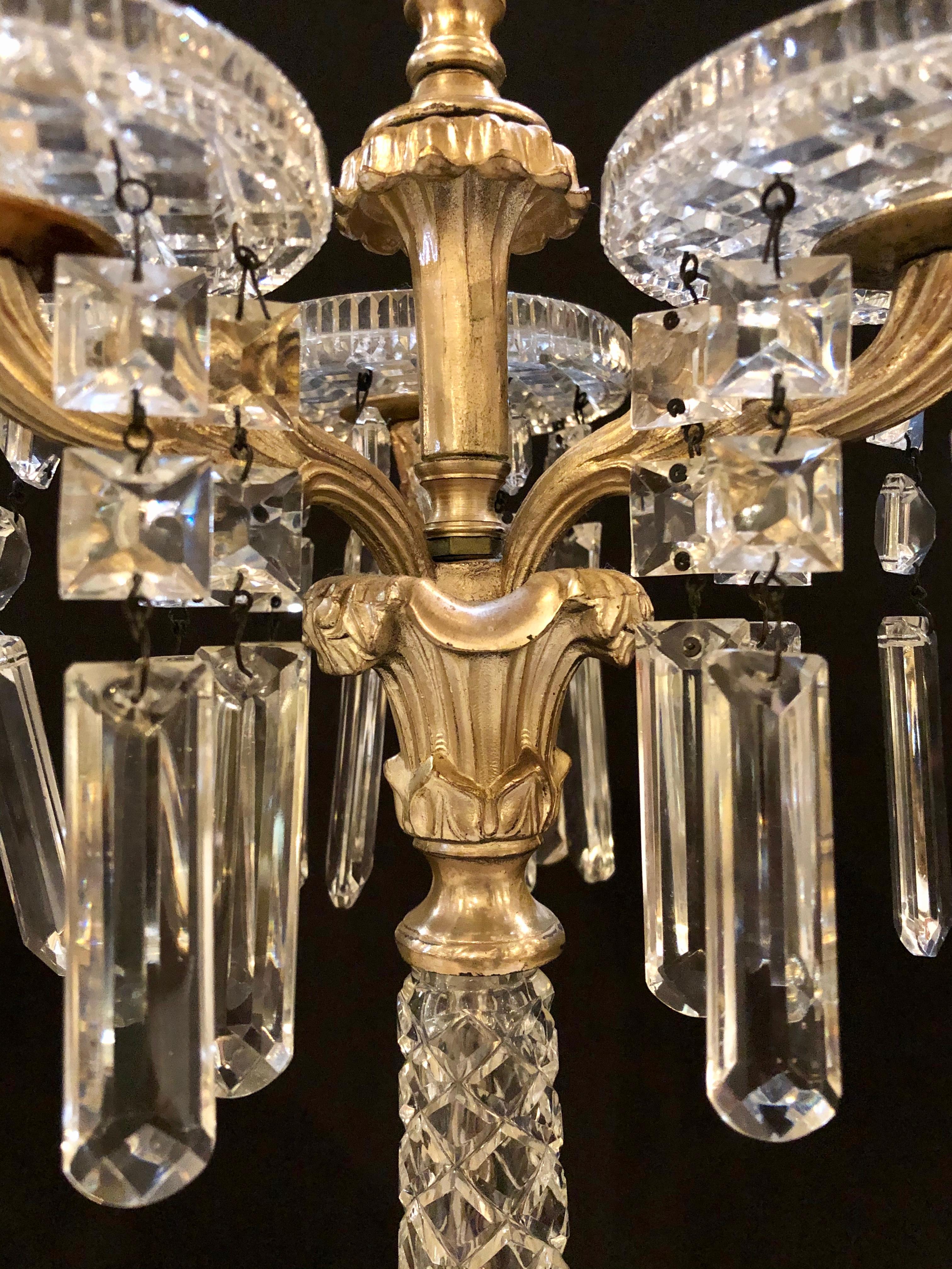 Brass Pair of Baccarat Style Crystal Three-Arm Candelabras
