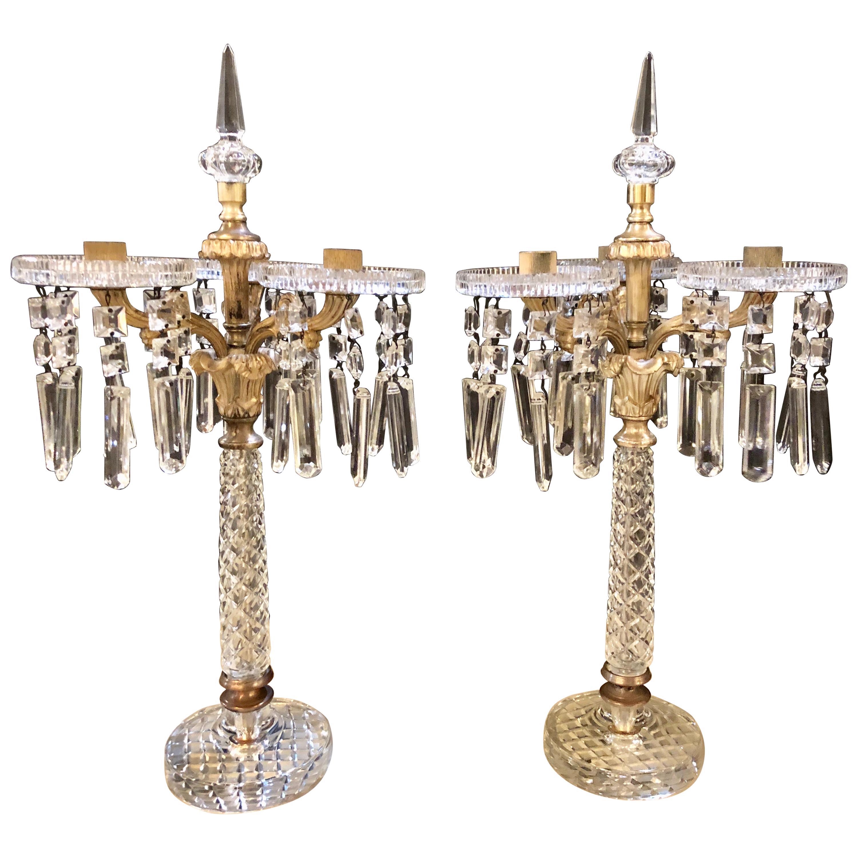 Pair of Baccarat Style Crystal Three-Arm Candelabras