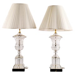 Pair of Baccarat-Style Crystal Urn Table Lamps on Marble Bases