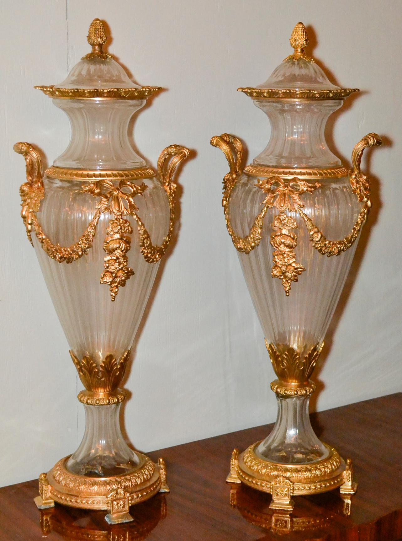 European Pair of Baccarat Style Crystal Vases