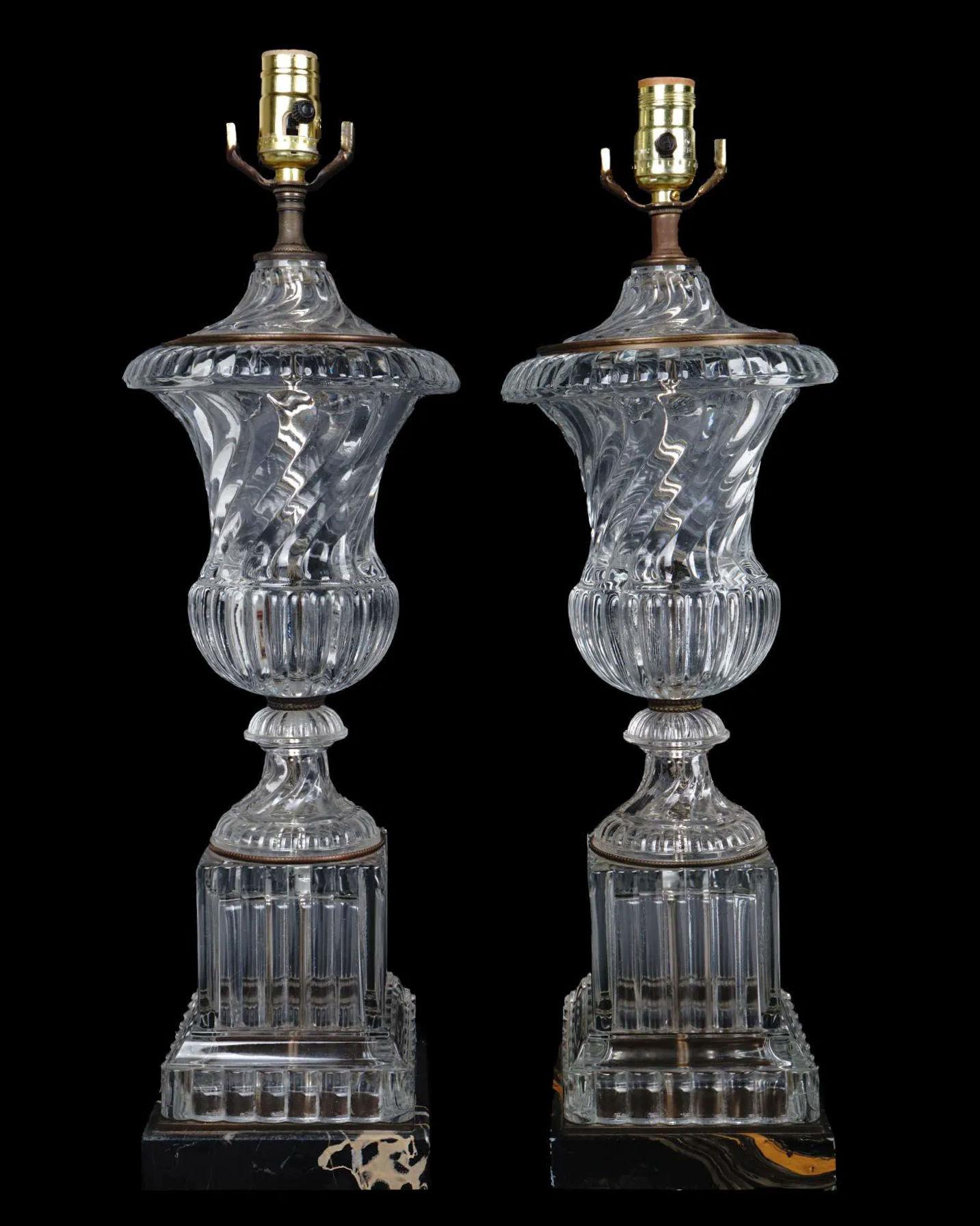 French Pair of Baccarat style Molded Crystal and Marble Table Lamps For Sale