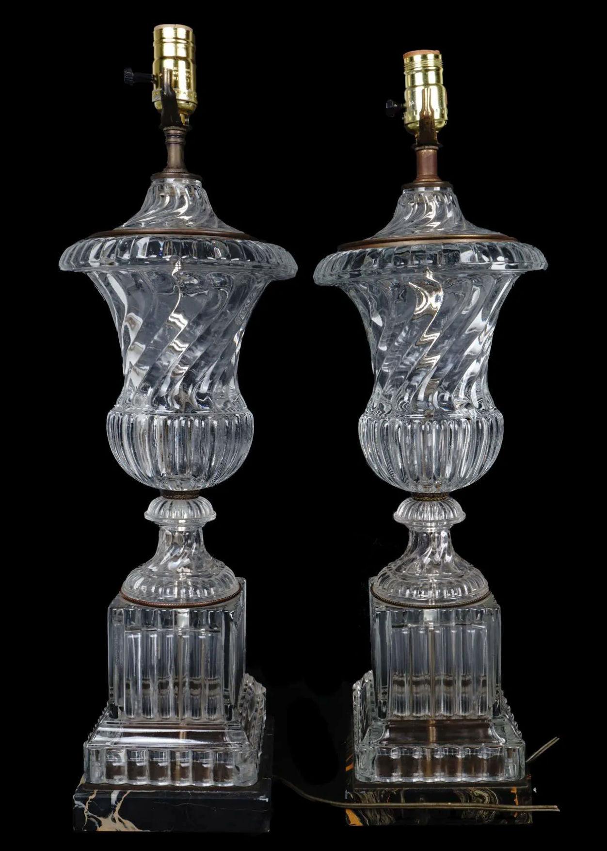 Pair of Baccarat style Molded Crystal and Marble Table Lamps In Good Condition For Sale In New York, NY