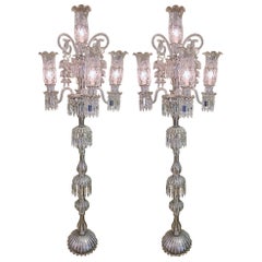 Pair of Baccarat Style Platinum Five-Light Torchères Removable Etched Shades