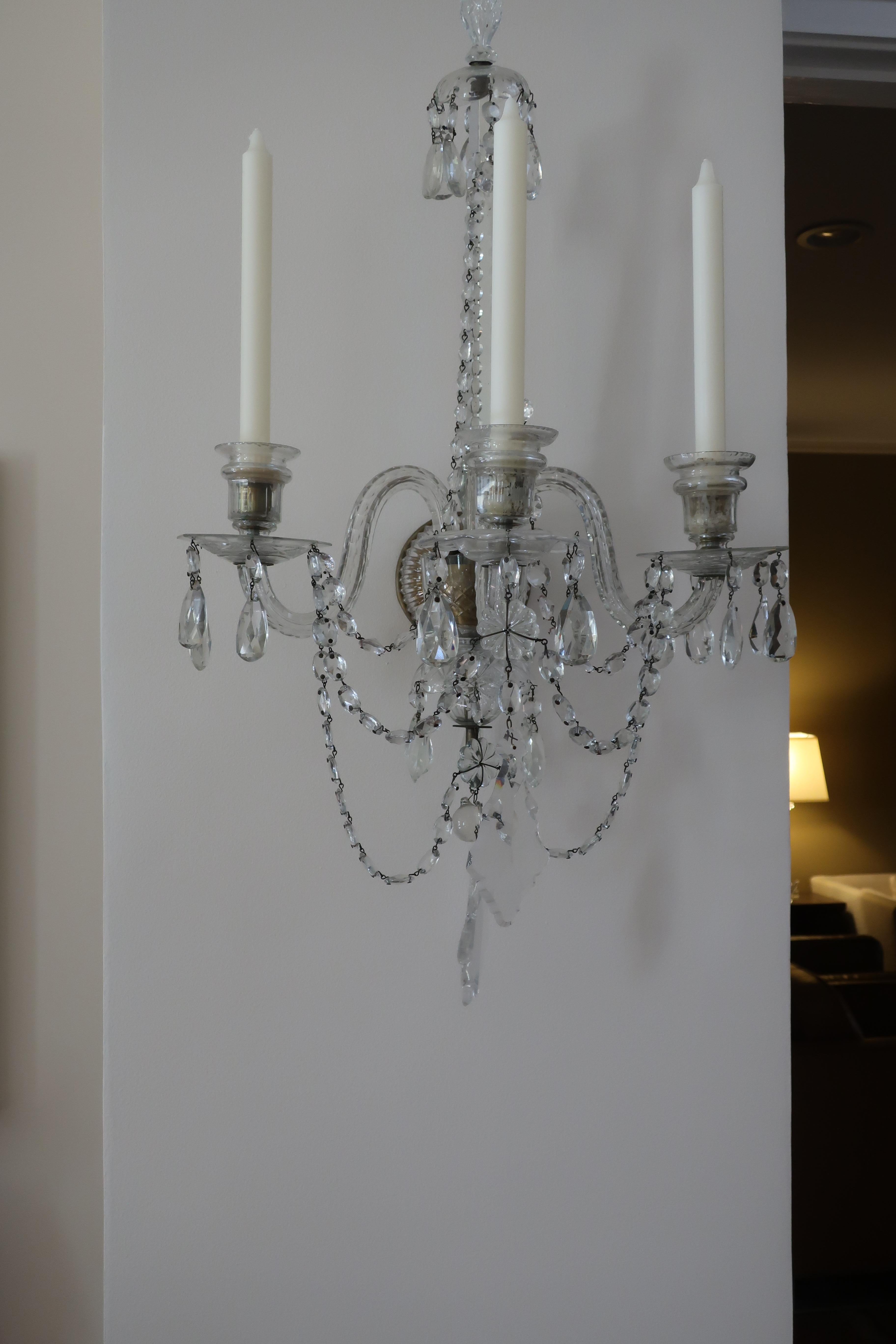 French Pair of Baccarat Style Three Arm Crystal Wall Sconces