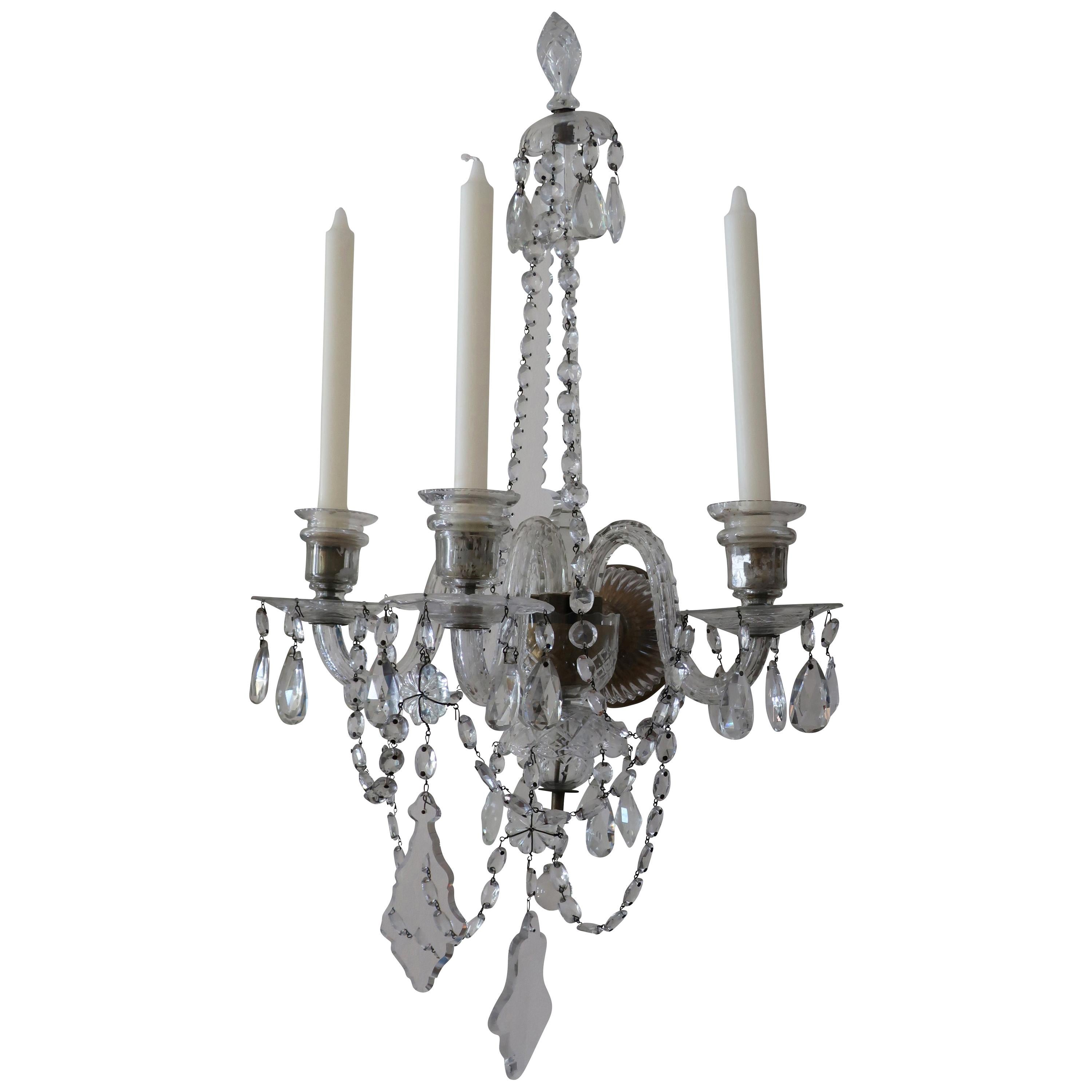 Pair of Baccarat Style Three Arm Crystal Wall Sconces