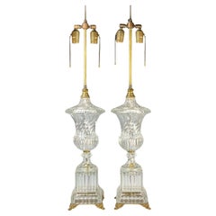 Antique Pair of Baccarat Swirl Crystal Table Lamps w/ Bronze Accents, c. 1920's