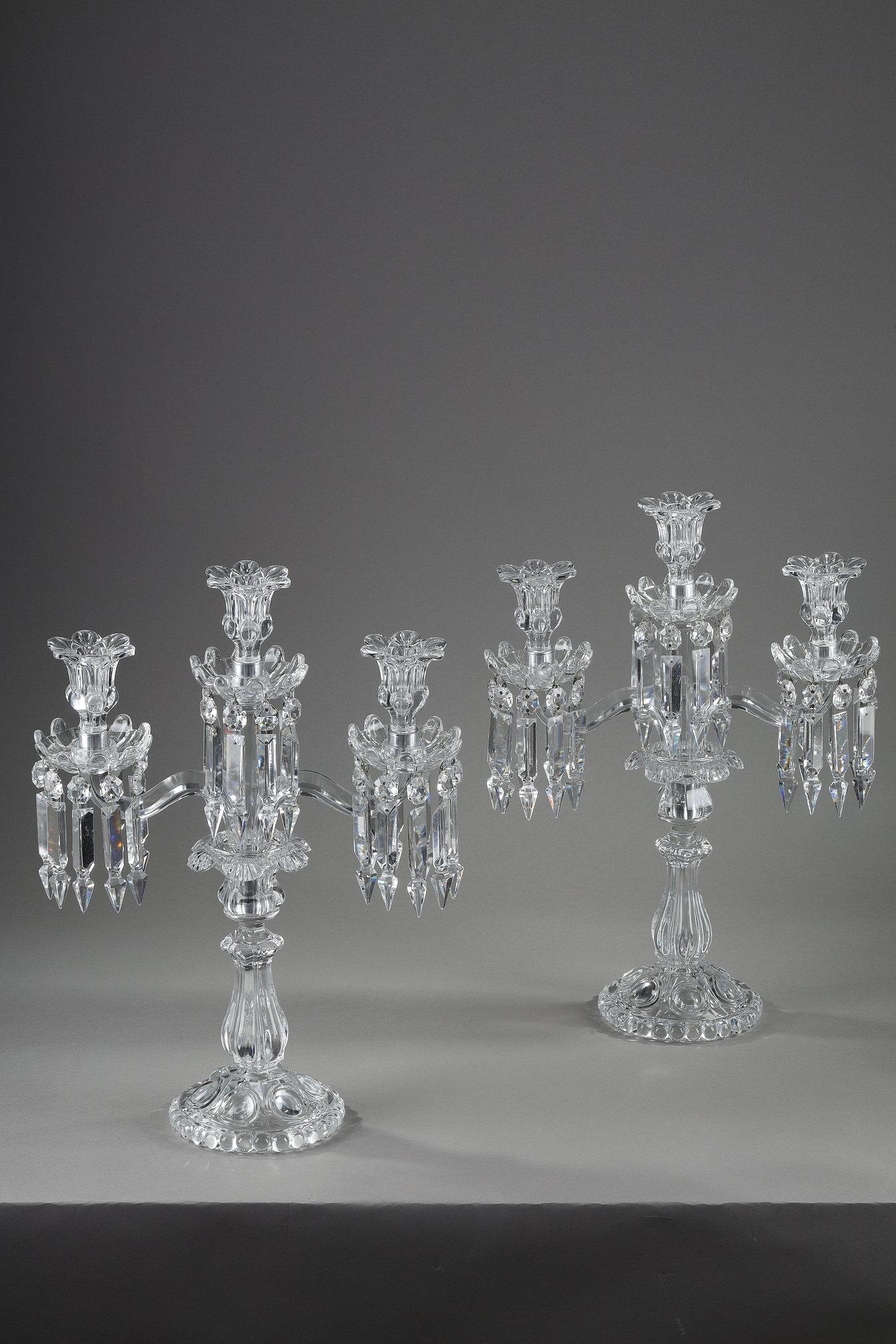 French Pair of Baccarat three-light candlesticks