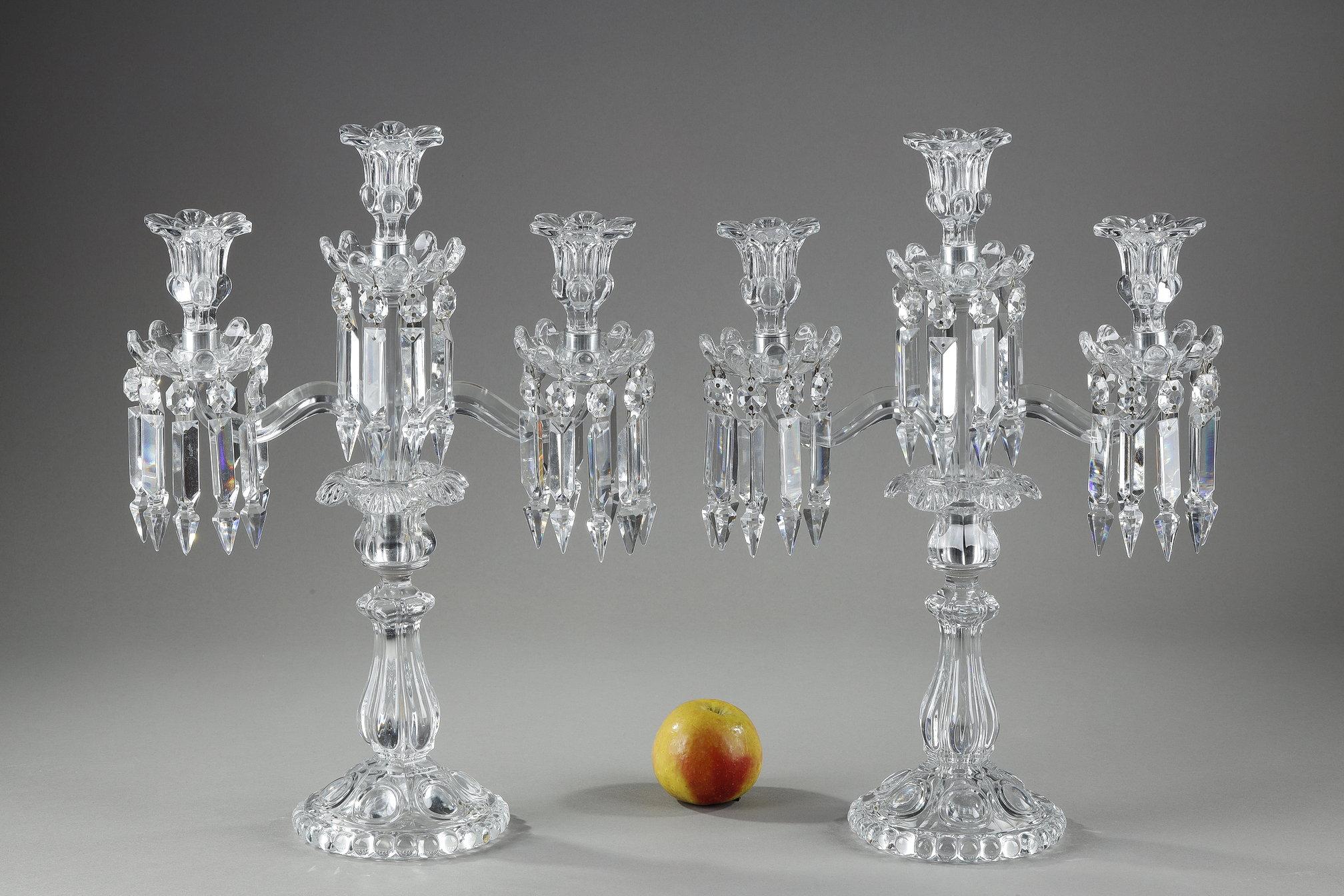 Early 20th Century Pair of Baccarat three-light candlesticks