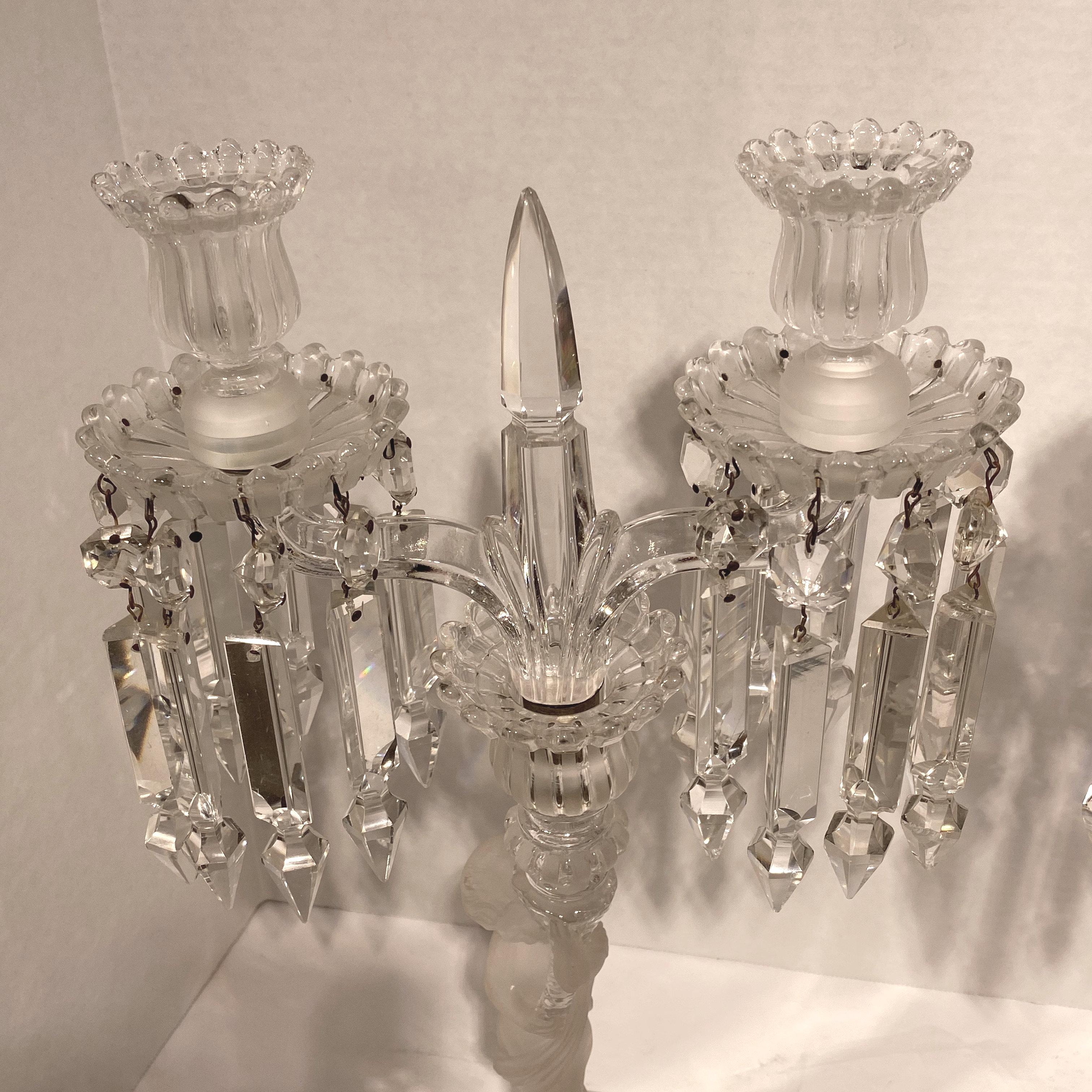 French Pair of Baccarat Two-Light Frosted Glass Figural Candelabras