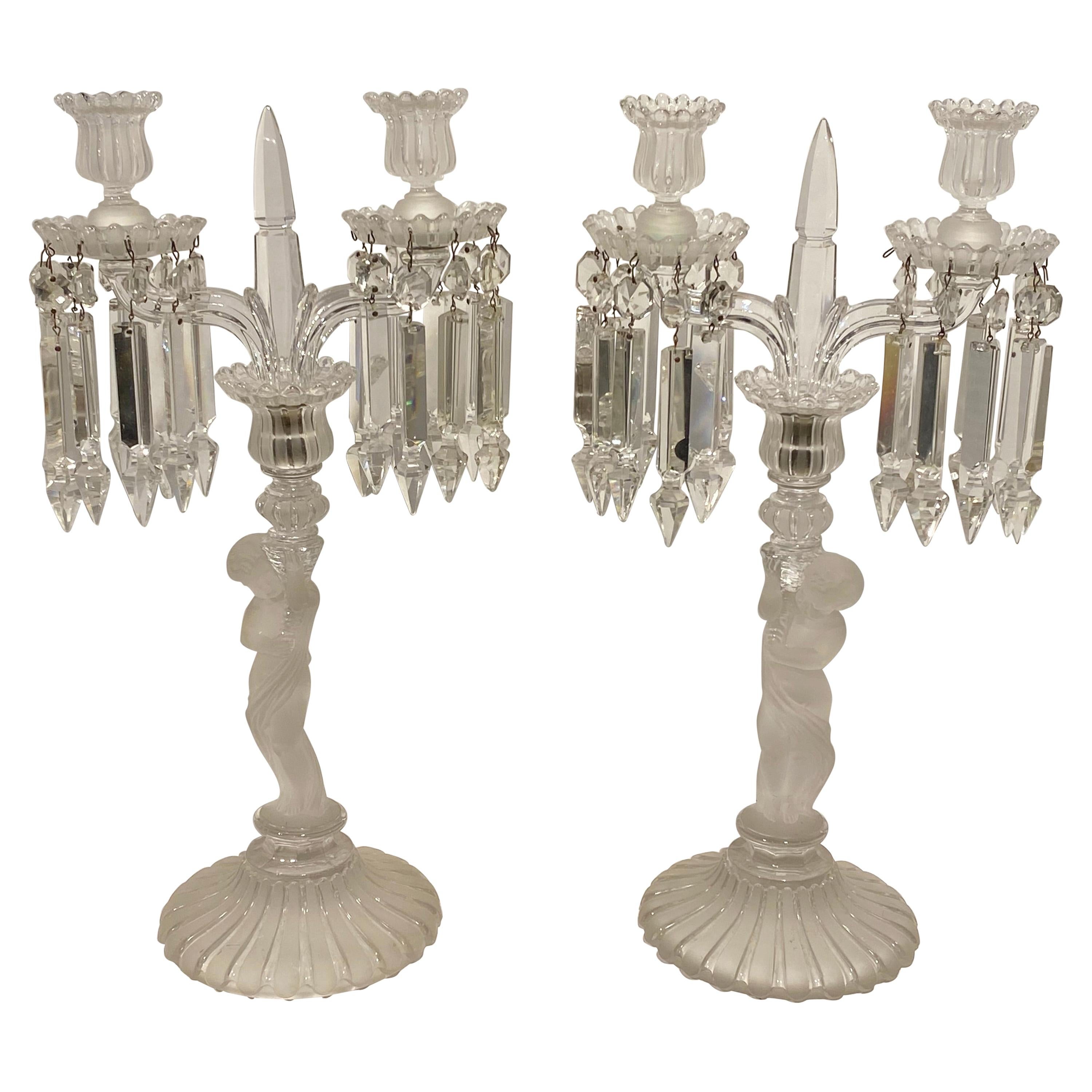 Pair of Baccarat Two-Light Frosted Glass Figural Candelabras