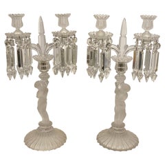 Antique Pair of Baccarat Two-Light Frosted Glass Figural Candelabras