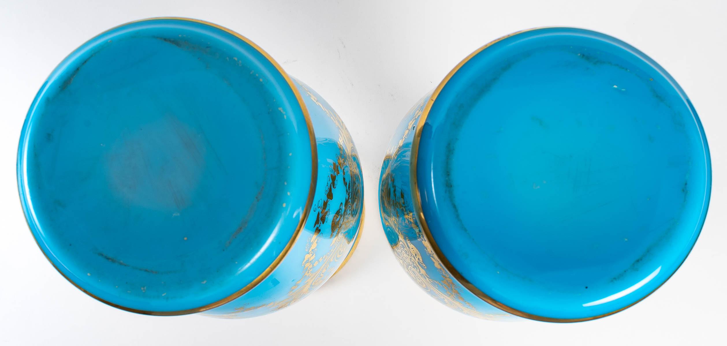 A pair of large Baccarat opaline vases in turquoise and rich gold decoration, 19th century, Napoleon III period.
 