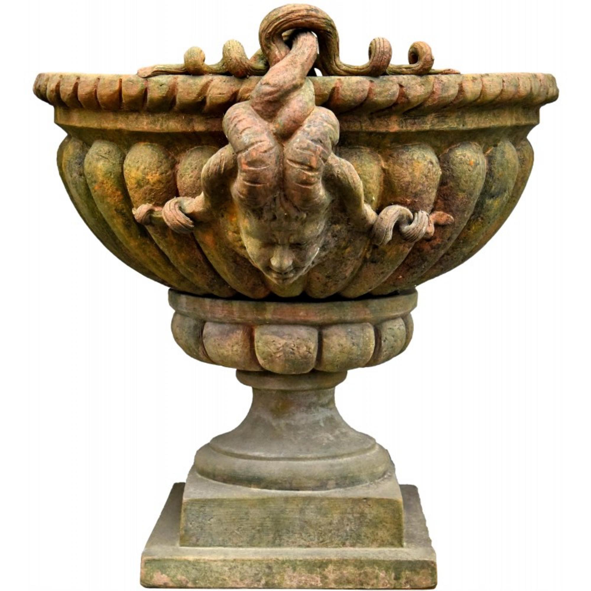 Italian Pair of Baccellato Vases with Medusa Heads Terracotta Goblet, 19th Century For Sale