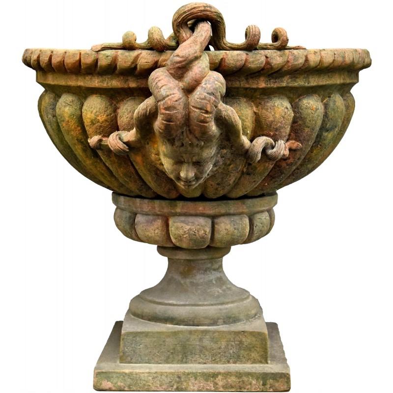 Hand-Crafted Pair of Baccellato Vases with Medusa Heads Terracotta Goblet, 19th Century For Sale