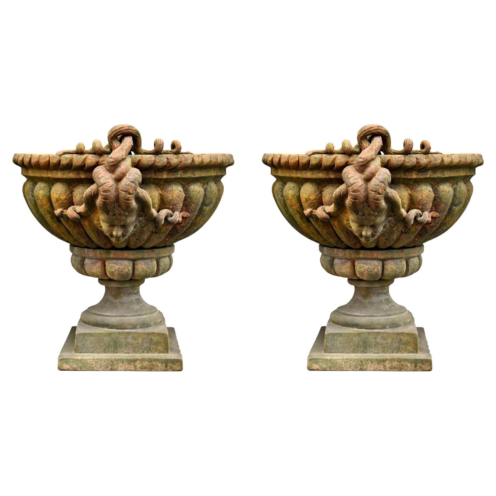 Pair of Baccellato Vases with Medusa Heads Terracotta Goblet, 19th Century For Sale