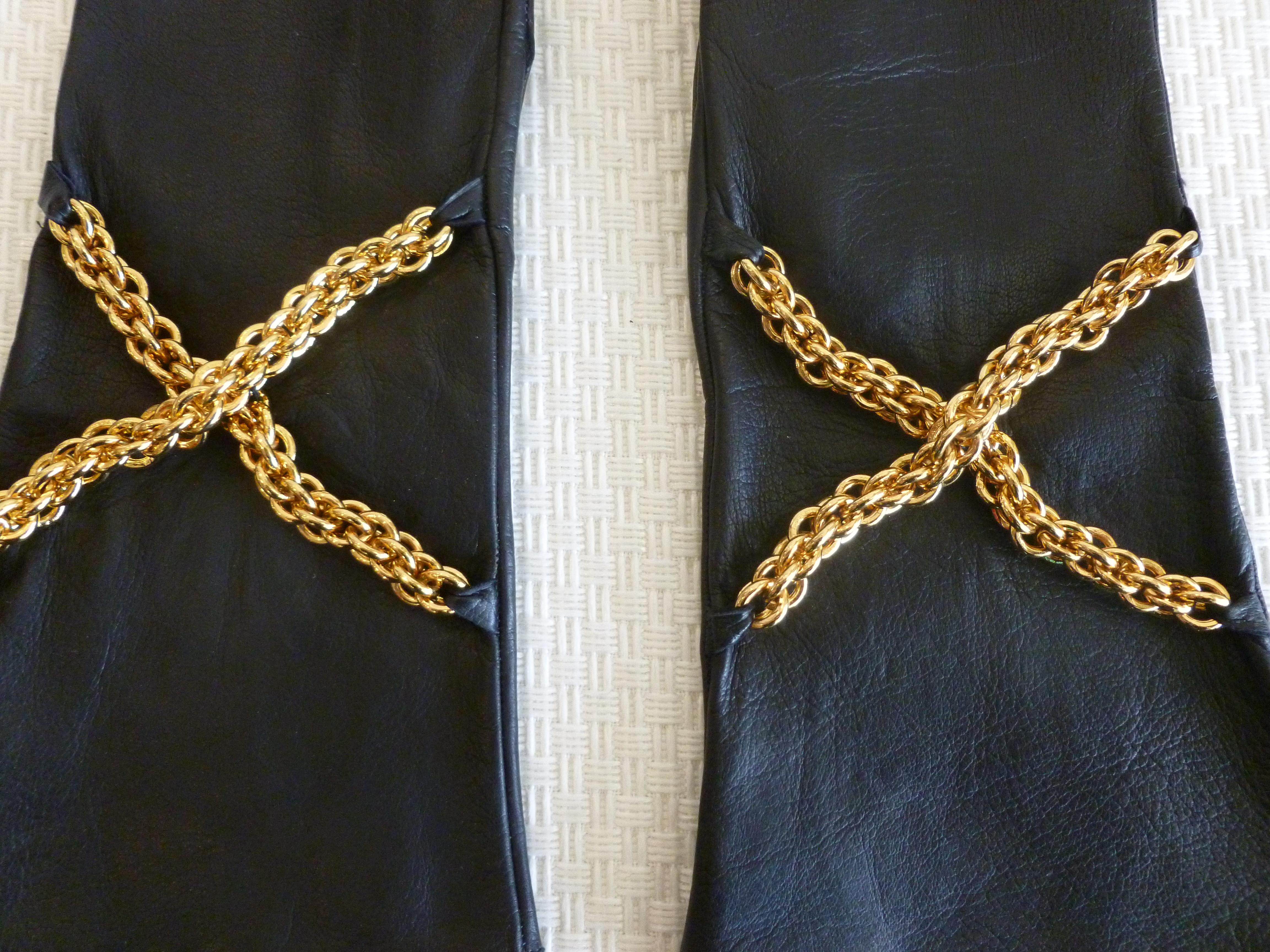  Paloma Picasso Back Leather and Brass Chain Gloves Pair Of 9
