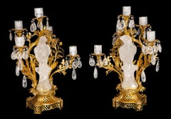 Pair of Bagues Antique French Louis XVI Style Parrot Rock Crystal Candelabras