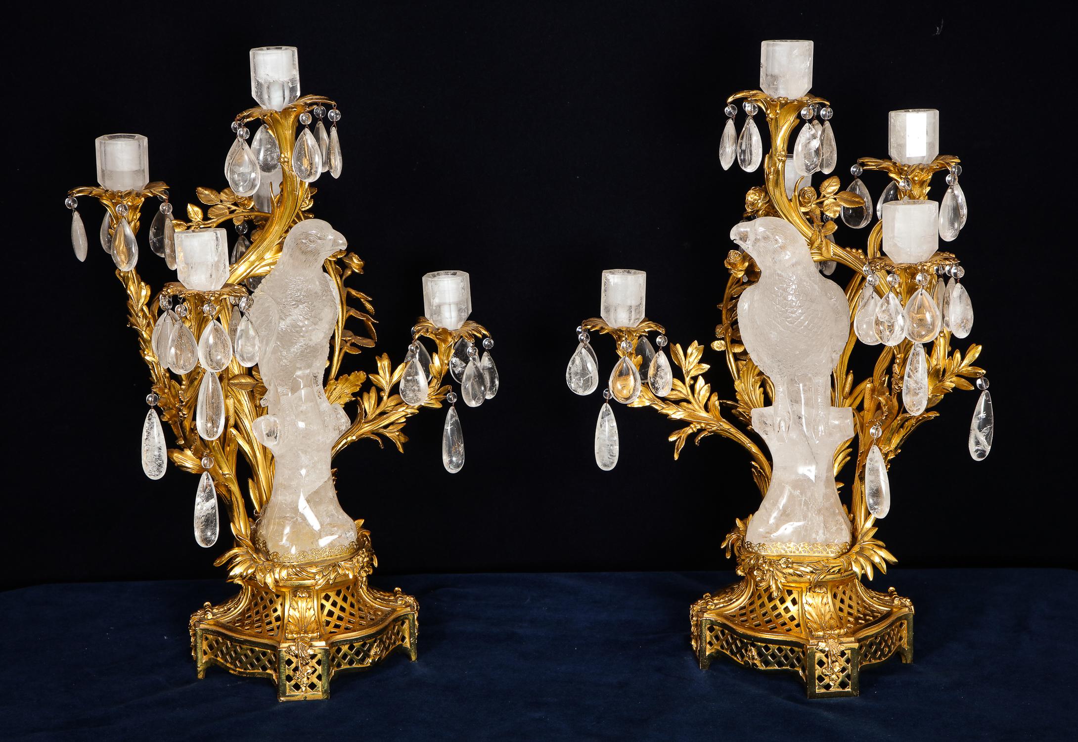 Gilt Pair of Bagues Antique French Louis XVI Style Parrot Rock Crystal Candelabras