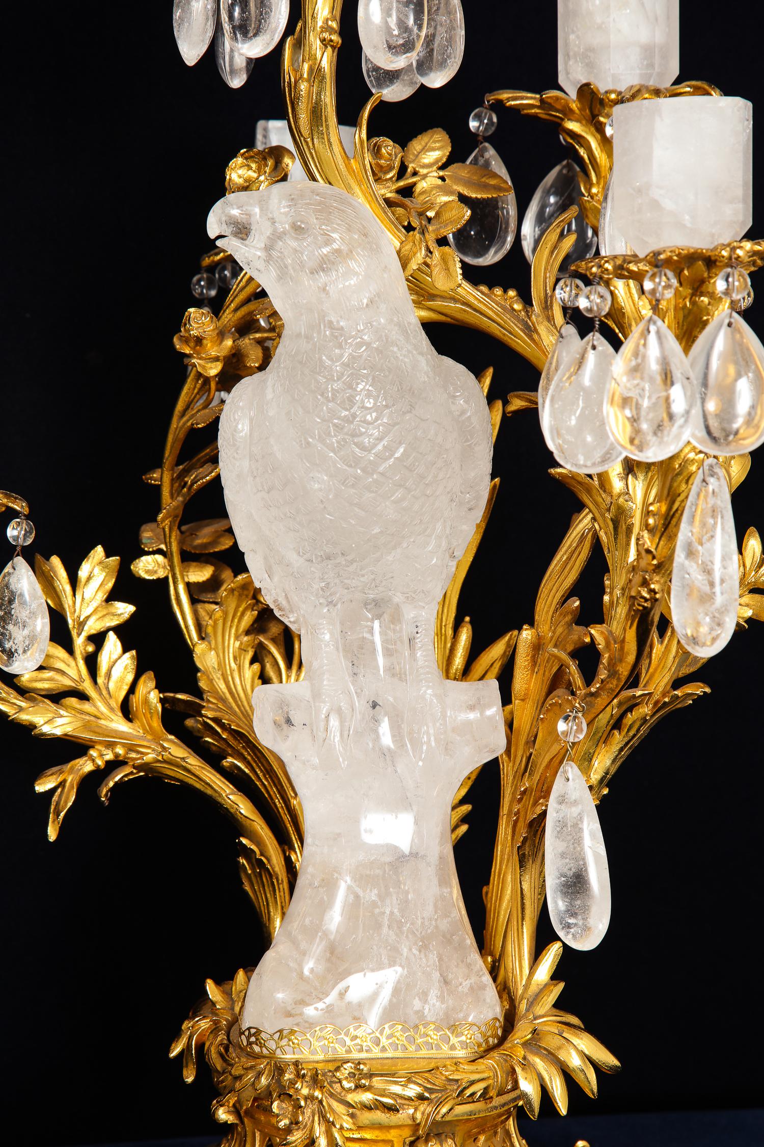 Pair of Bagues Antique French Louis XVI Style Parrot Rock Crystal Candelabras In Good Condition In New York, NY
