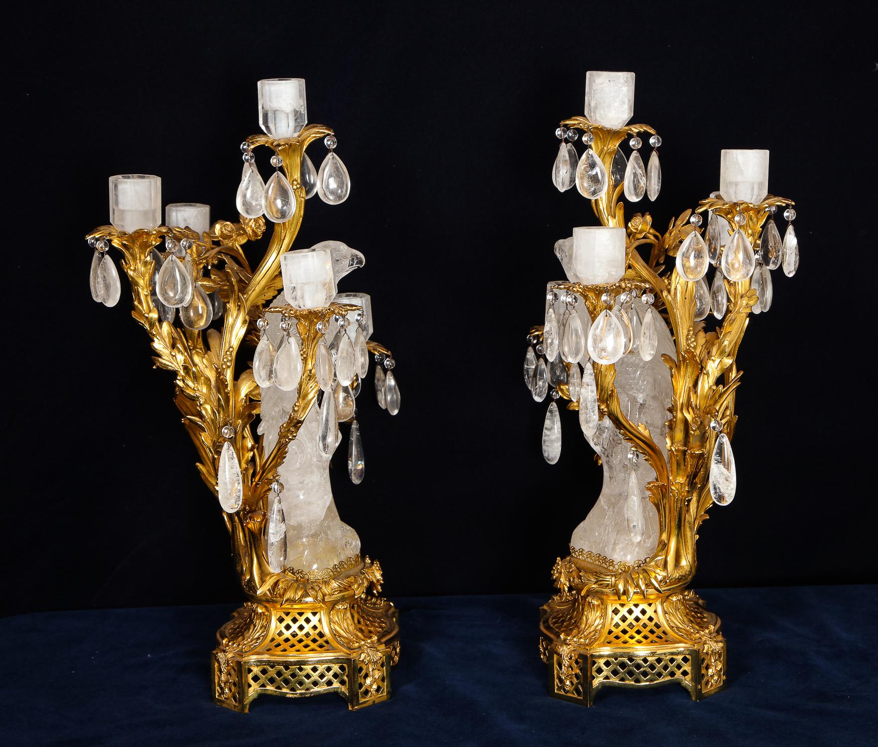 Pair of Bagues Antique French Louis XVI Style Parrot Rock Crystal Candelabras 2