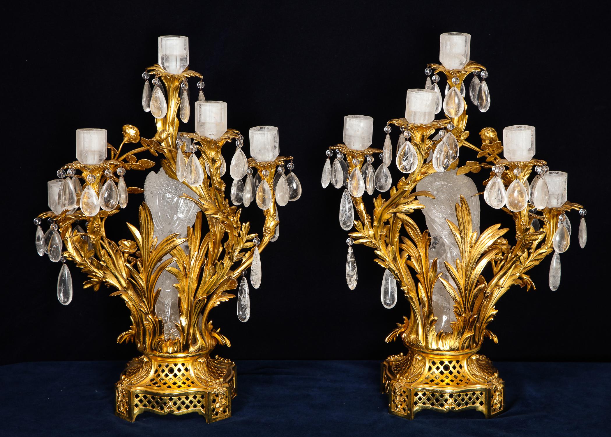 Pair of Bagues Antique French Louis XVI Style Parrot Rock Crystal Candelabras 3