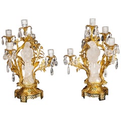 Pair of Bagues Antique French Louis XVI Style Parrot Rock Crystal Candelabras
