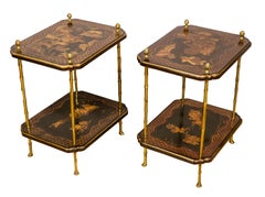 Pair of Bagues Black Chinoiserie and Brass End Tables