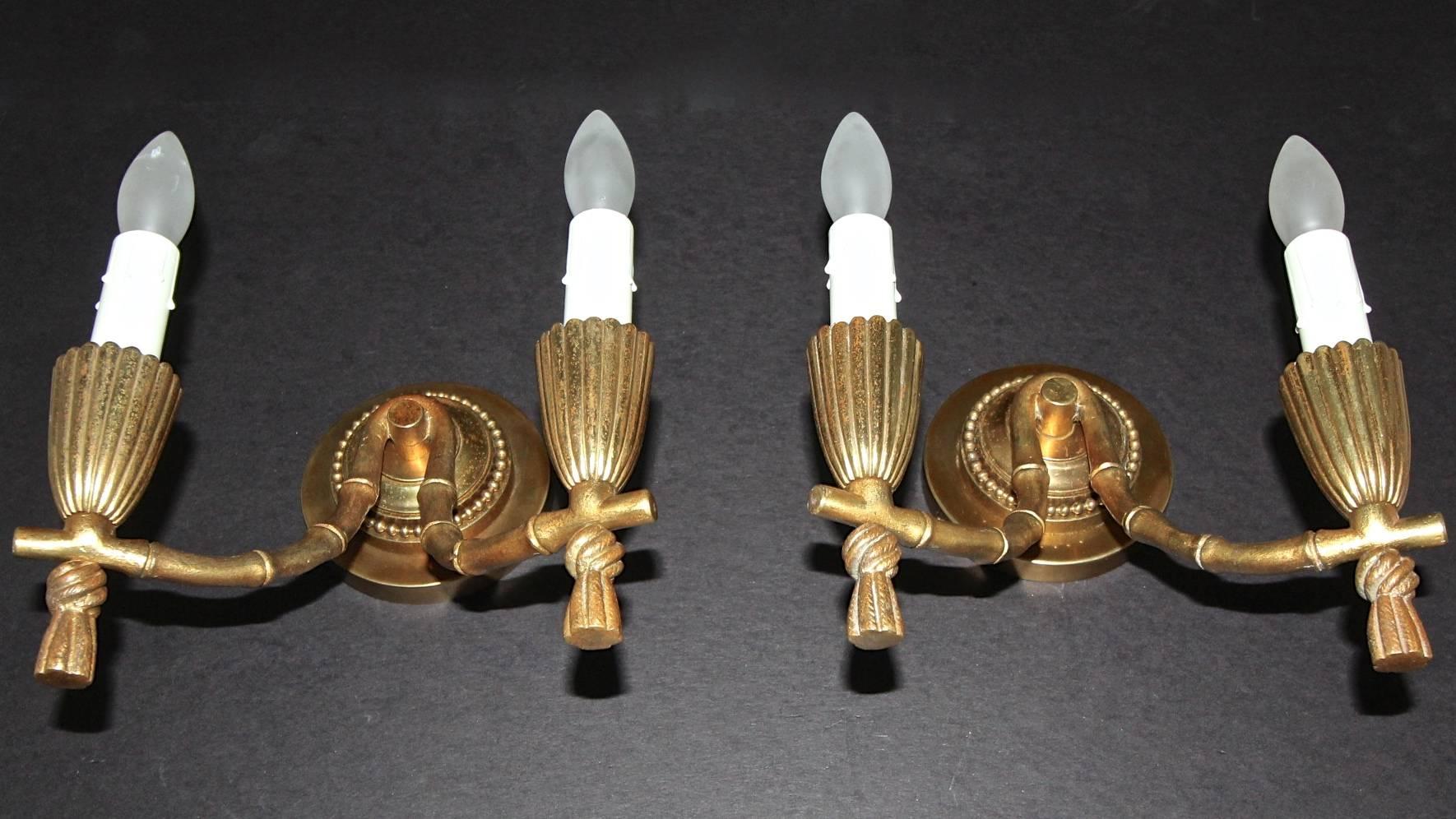 French Pair of Baguès Bronze Faux Bamboo Wall Sconces