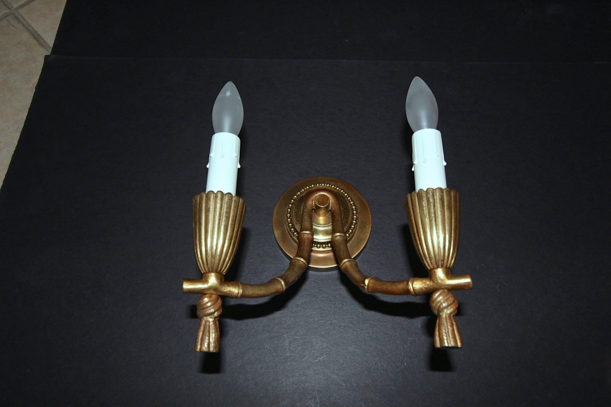 Pair of Baguès Bronze Faux Bamboo Wall Sconces In Good Condition In Palm Springs, CA