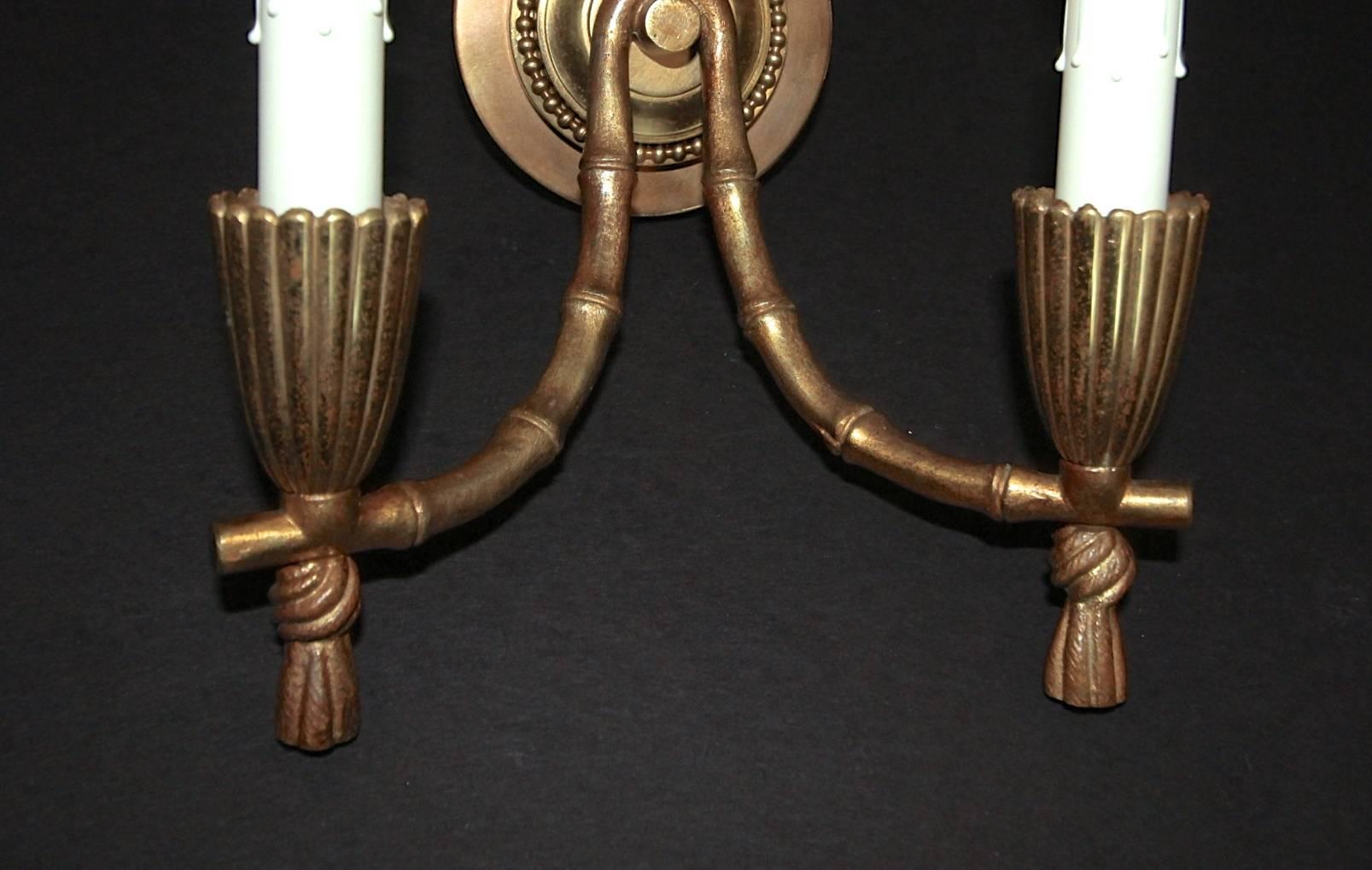 Mid-20th Century Pair of Baguès Bronze Faux Bamboo Wall Sconces