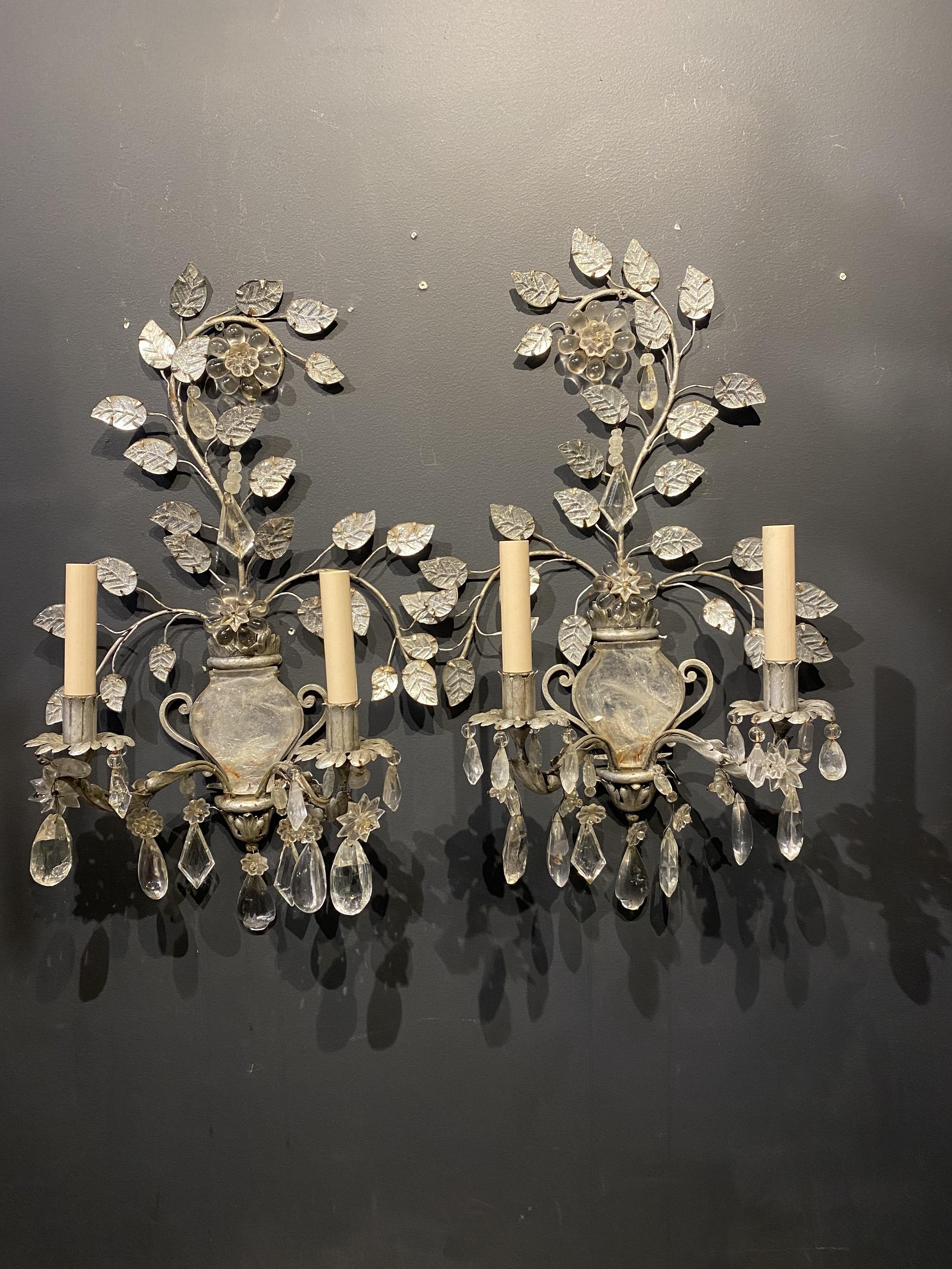 French Provincial Pair of Bagues Floral Sconces with Rock Crystals