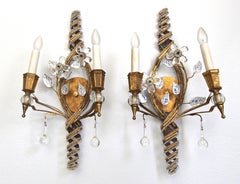 Pair of Baguès French Beaded Crystal Flower Gilt Iron Wall Sconces