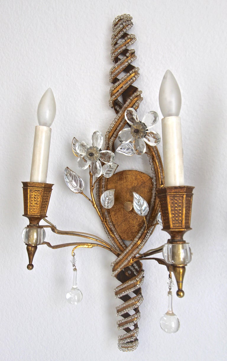 Pair of Baguès French Beaded Crystal Flower Gilt Iron Wall Sconces For