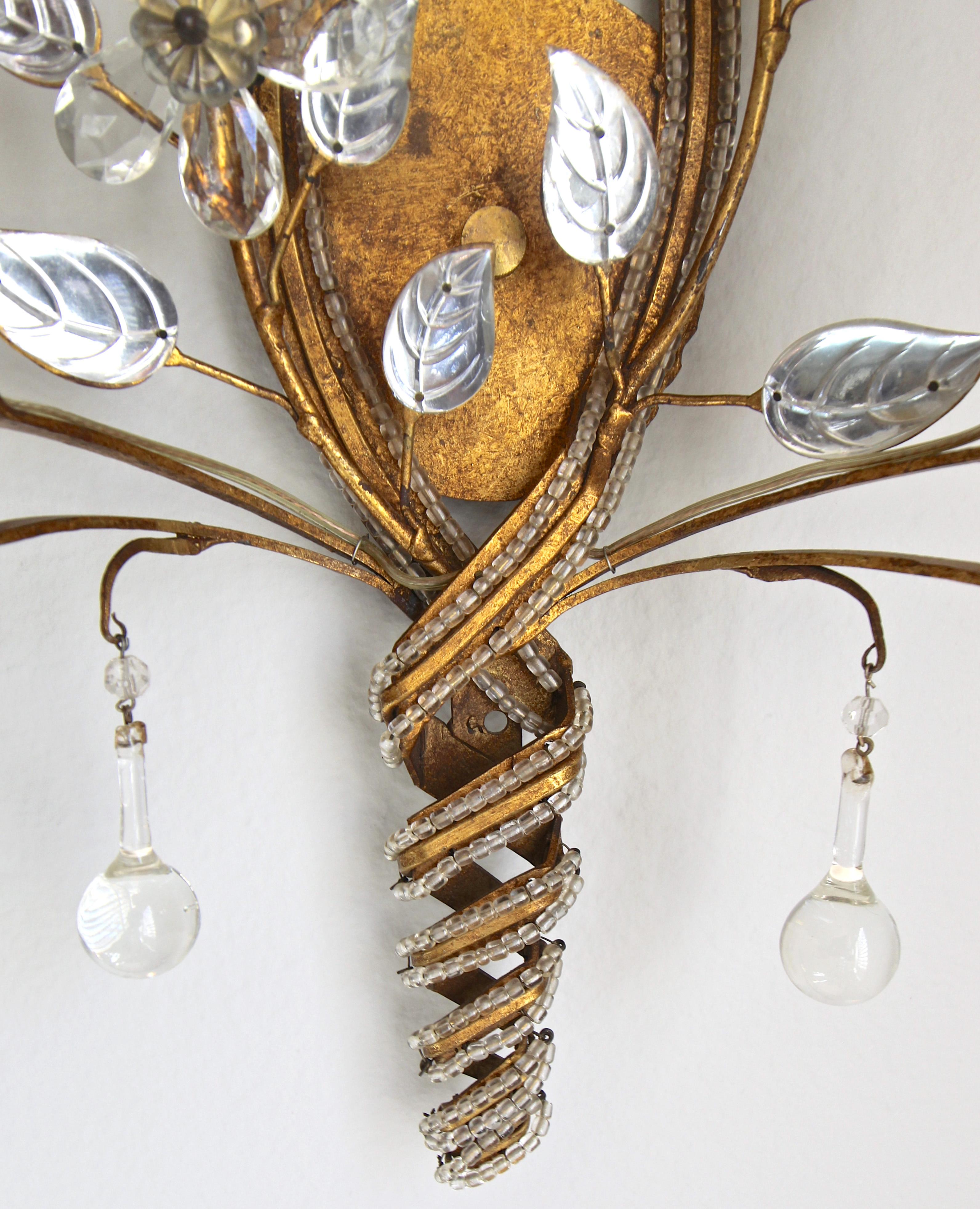 Late 20th Century Pair of Baguès French Beaded Crystal Flower Gilt Iron Wall Sconces For Sale