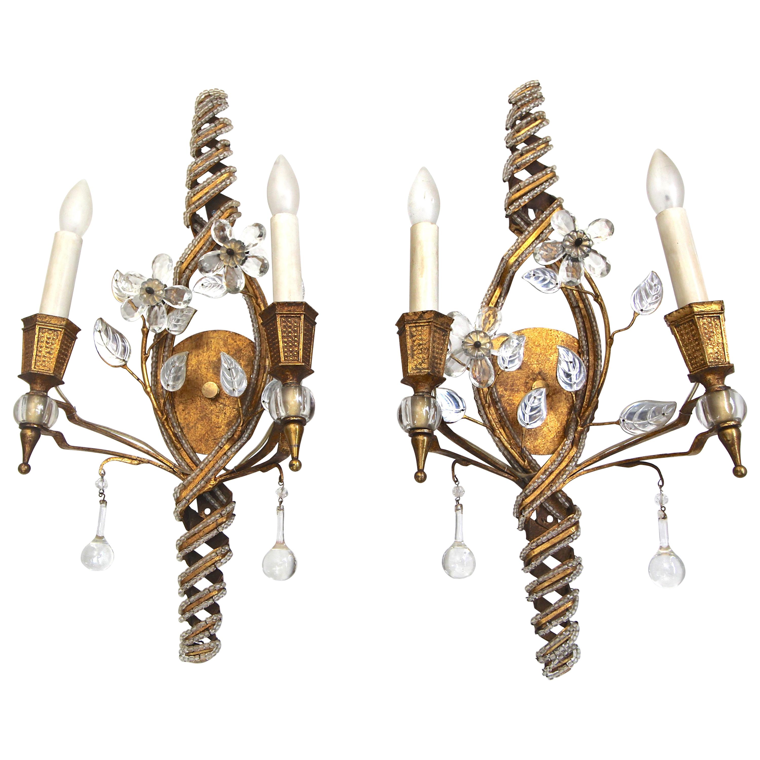 Pair of Baguès French Beaded Crystal Flower Gilt Iron Wall Sconces For Sale