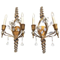 Pair of Baguès French Beaded Crystal Flower Gilt Iron Wall Sconces