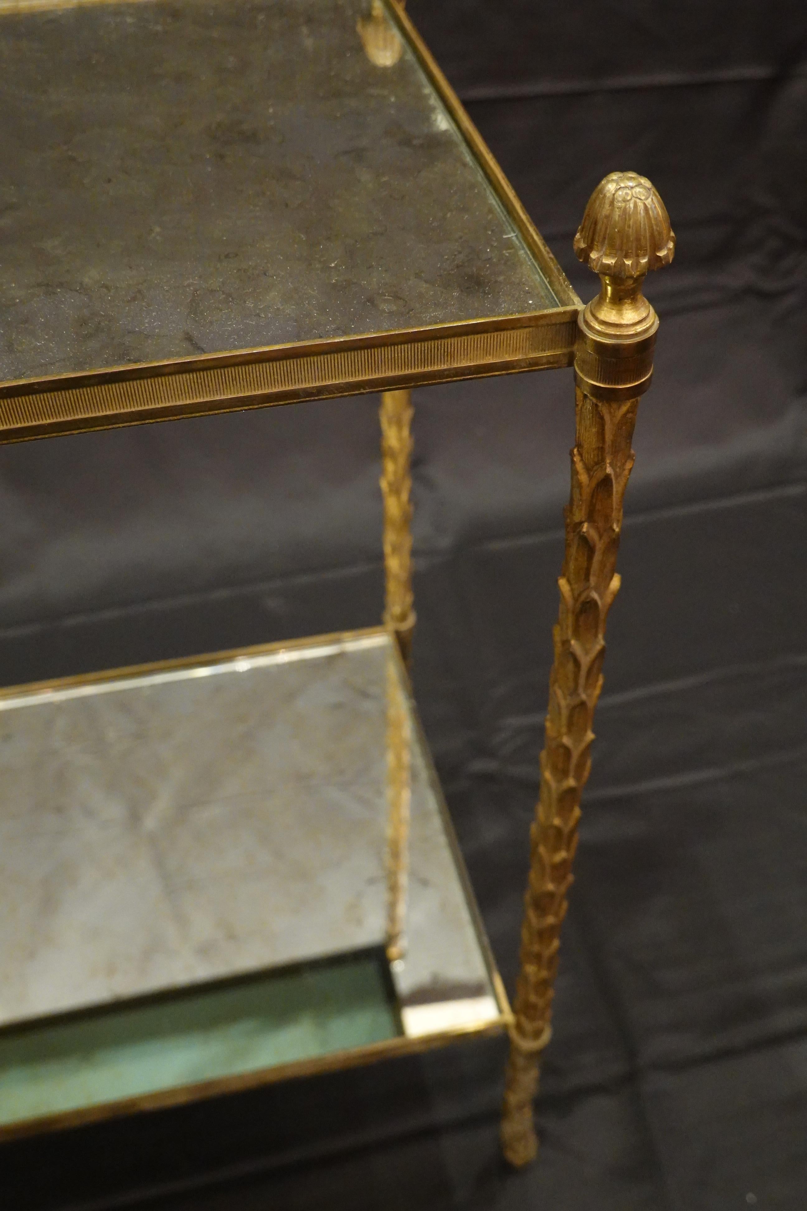 Pair of Bagues Gilt-Bronze Two-Tiered Side Tables with Eglomise Glass Tops For Sale 4