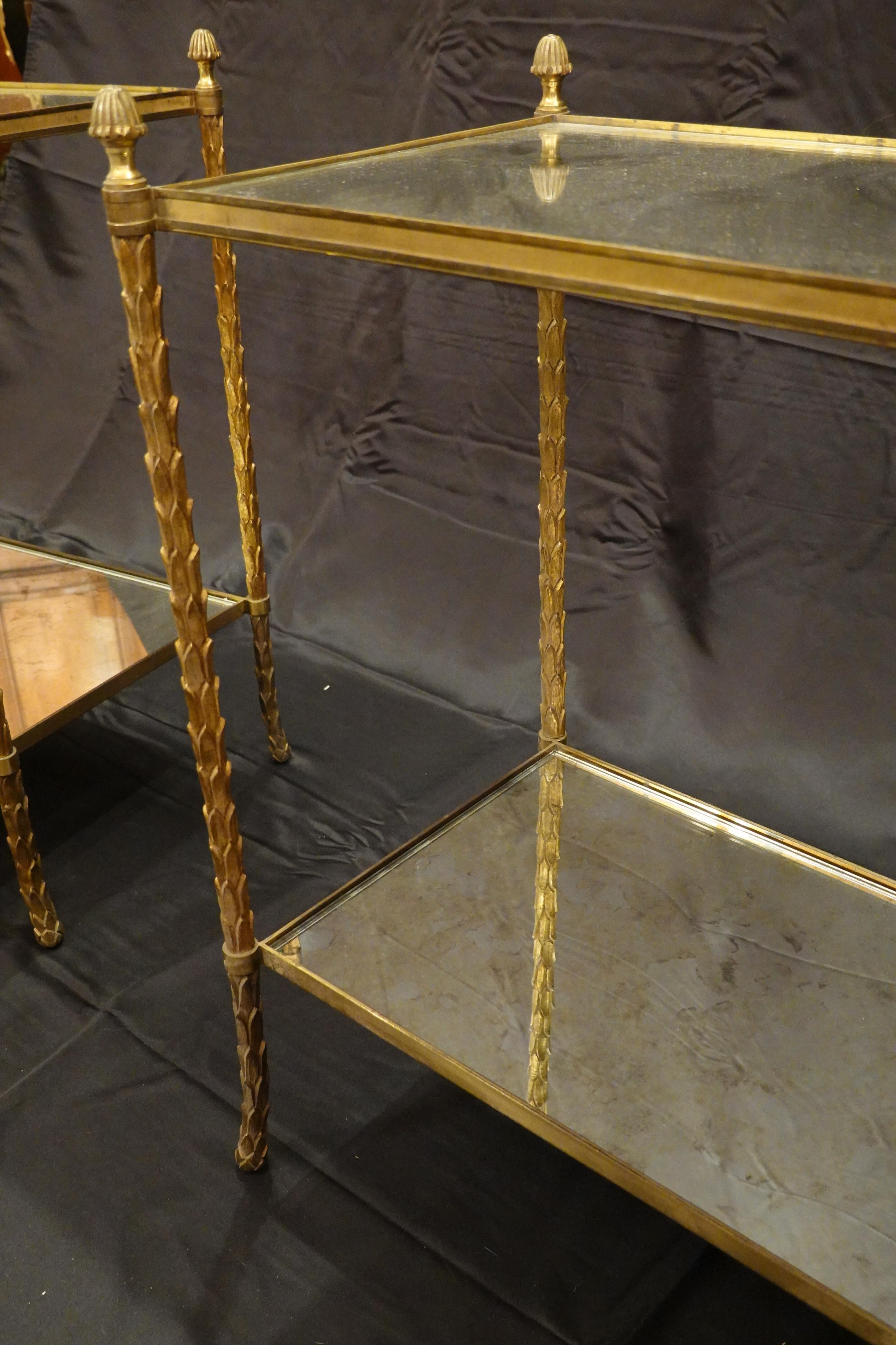 Pair of Bagues Gilt-Bronze Two-Tiered Side Tables with Eglomise Glass Tops For Sale 8