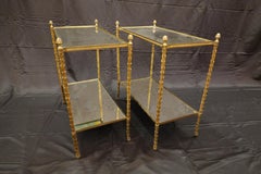 Pair of Bagues Gilt-Bronze Two-Tiered Side Tables with Eglomise Glass Tops