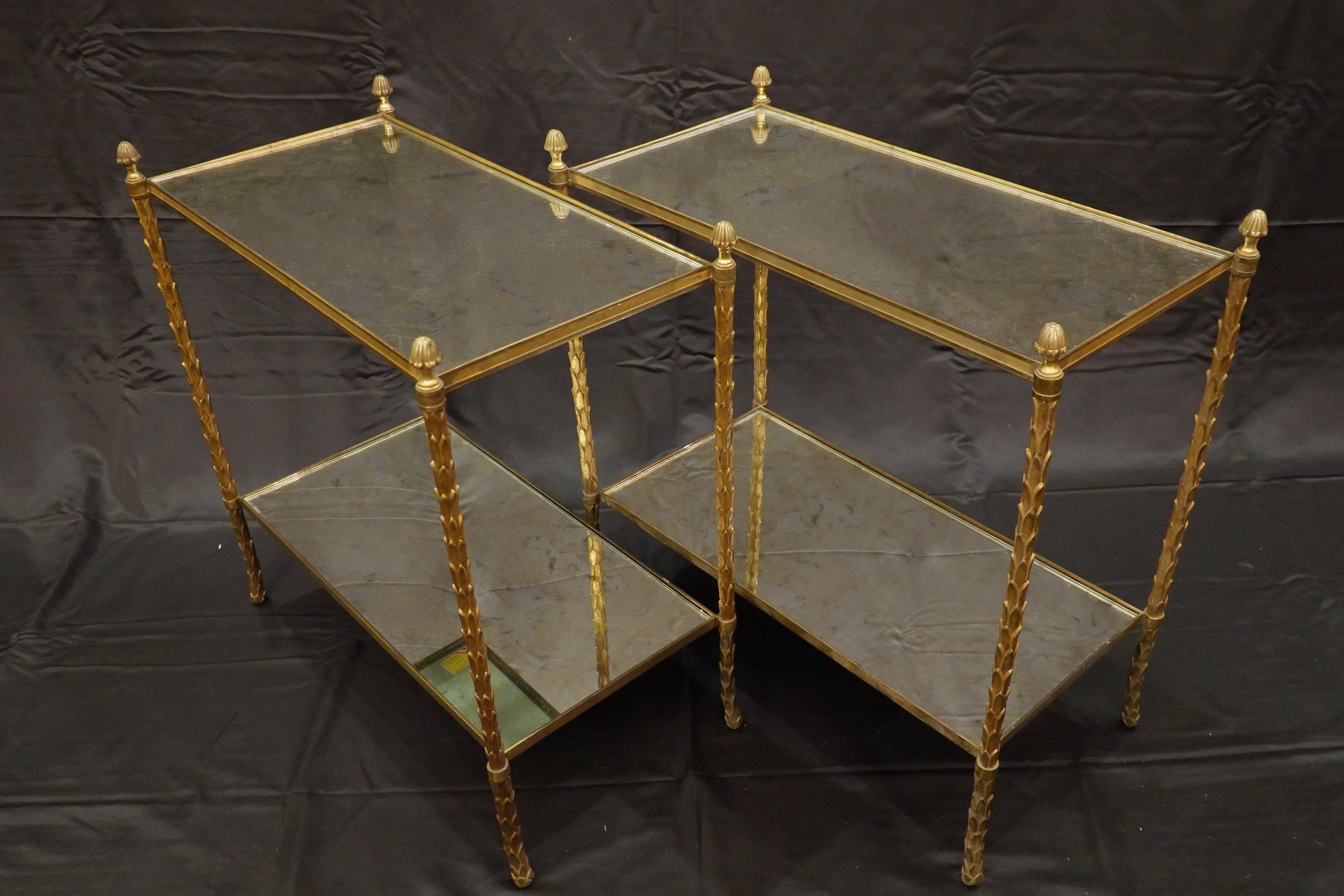 Mid-Century Modern Pair of Bagues Gilt-Bronze Two-Tiered Side Tables with Eglomise Glass Tops For Sale