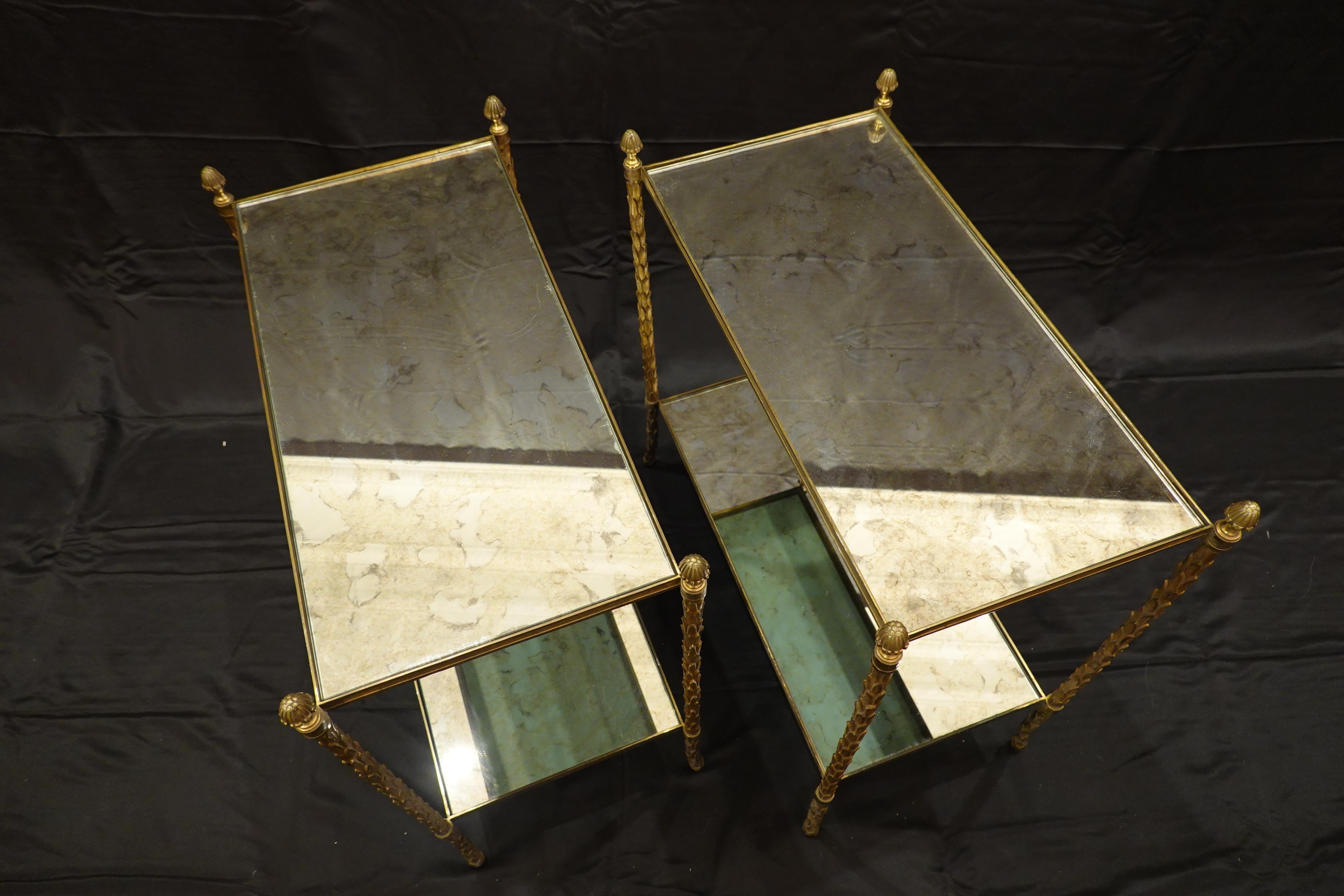French Pair of Bagues Gilt-Bronze Two-Tiered Side Tables with Eglomise Glass Tops For Sale