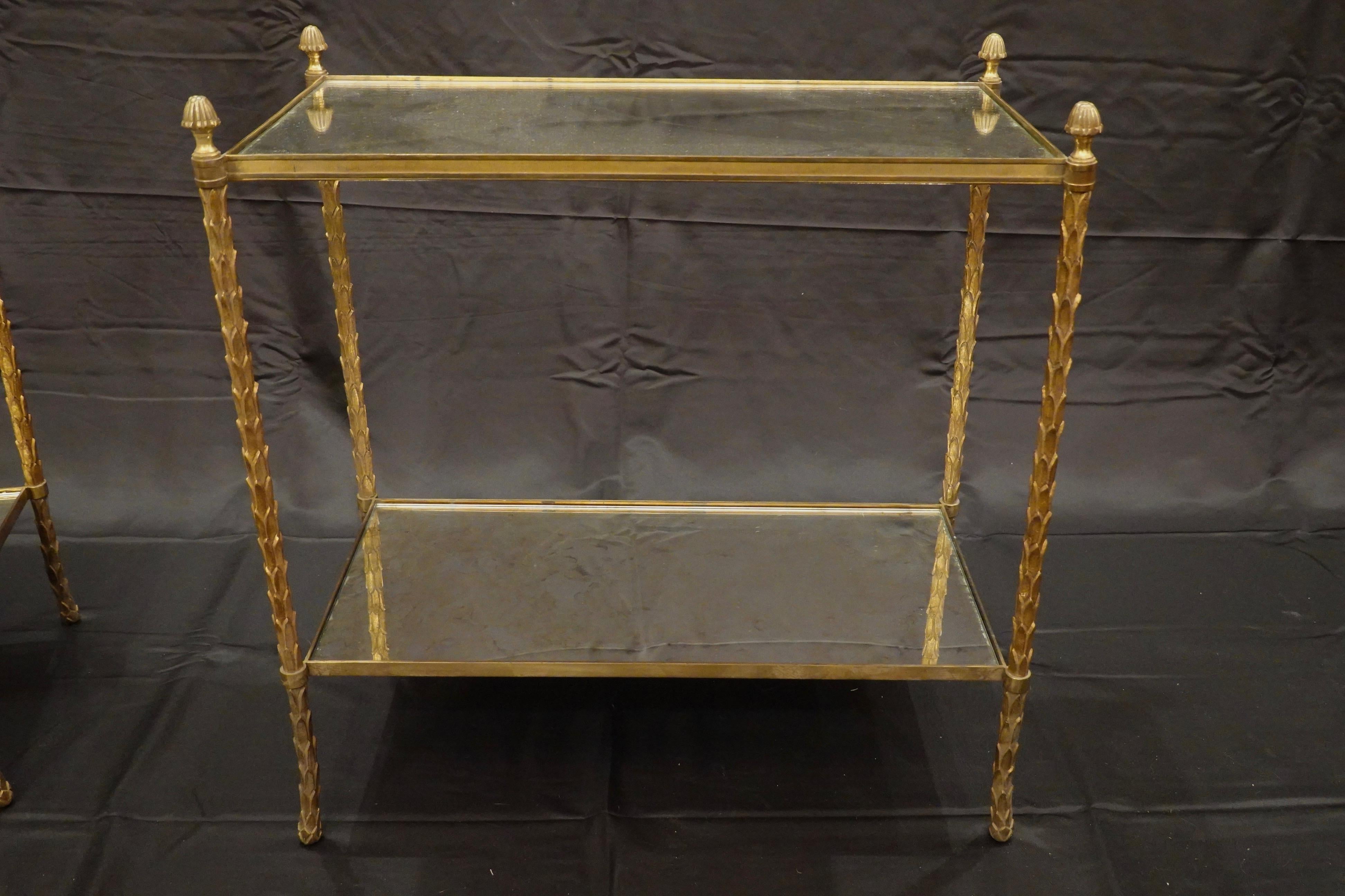 Pair of Bagues Gilt-Bronze Two-Tiered Side Tables with Eglomise Glass Tops In Good Condition For Sale In Pembroke, MA