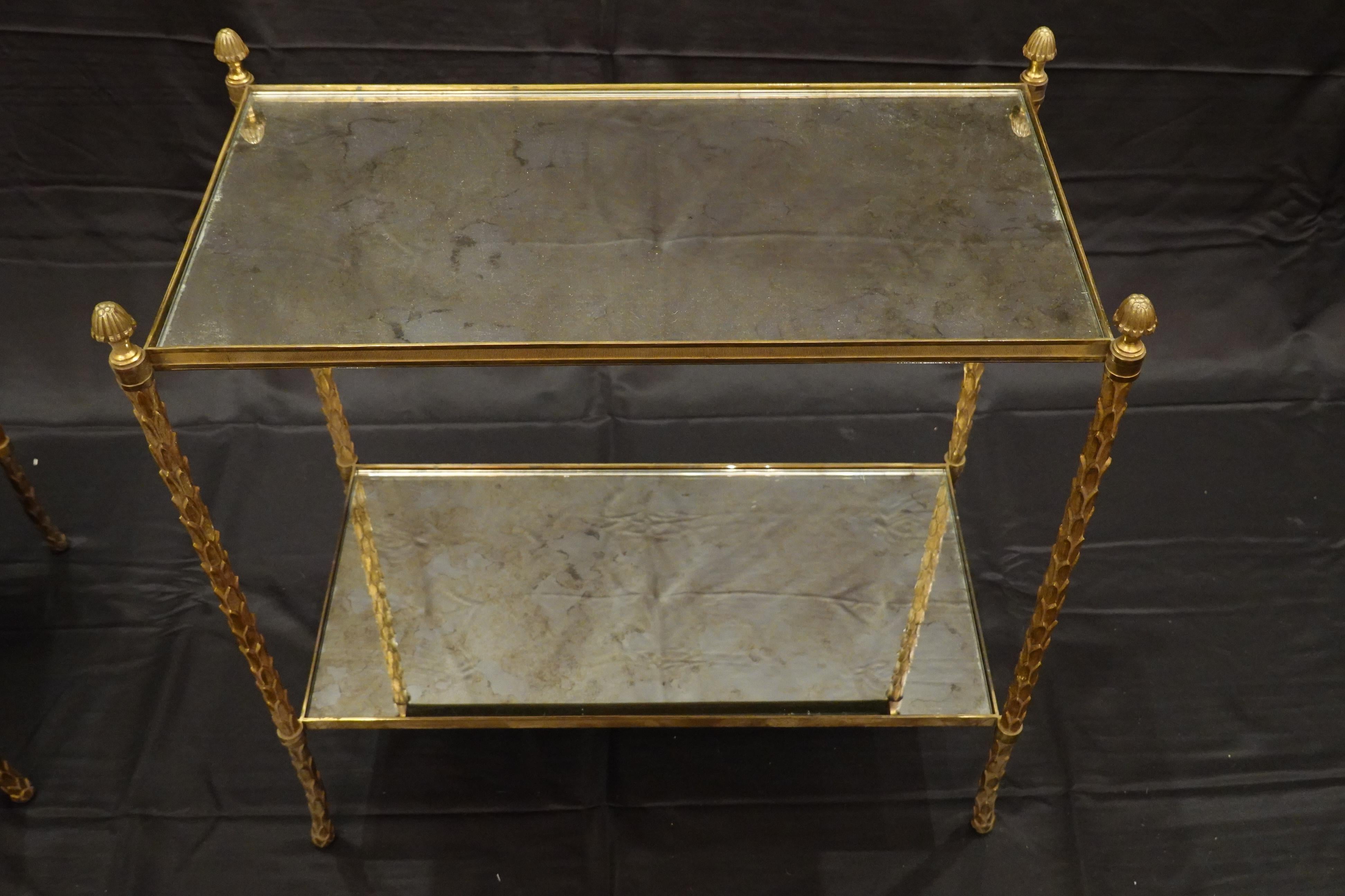 20th Century Pair of Bagues Gilt-Bronze Two-Tiered Side Tables with Eglomise Glass Tops For Sale