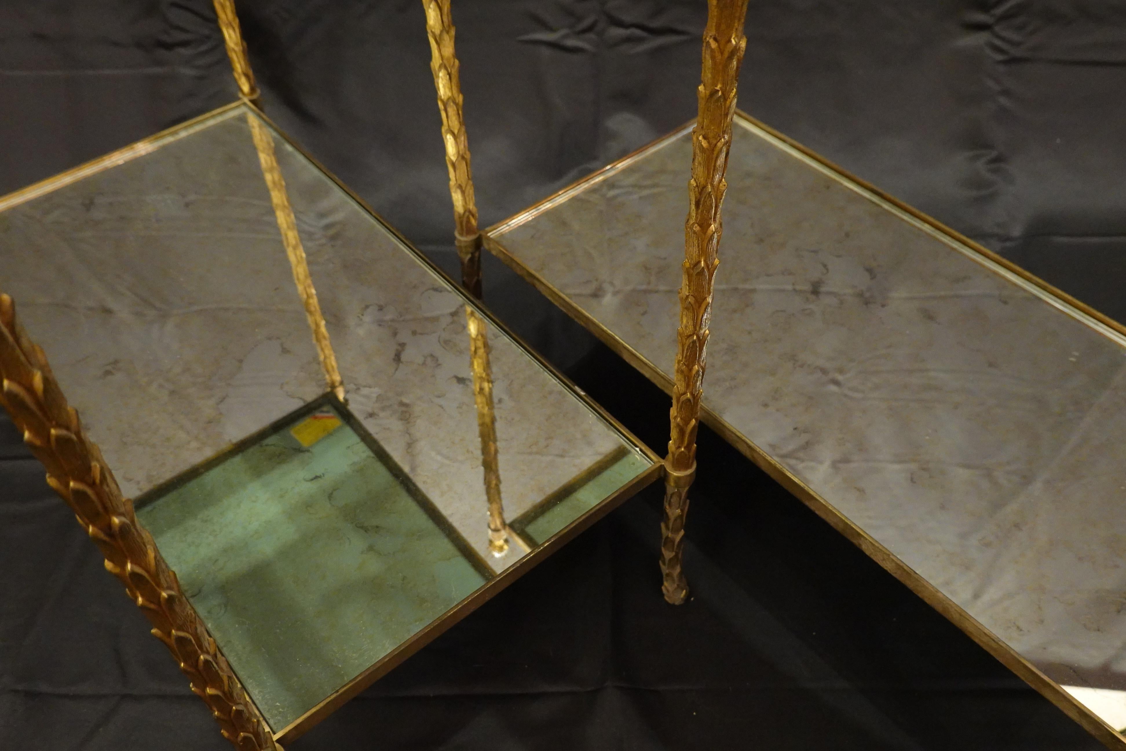 Pair of Bagues Gilt-Bronze Two-Tiered Side Tables with Eglomise Glass Tops For Sale 1