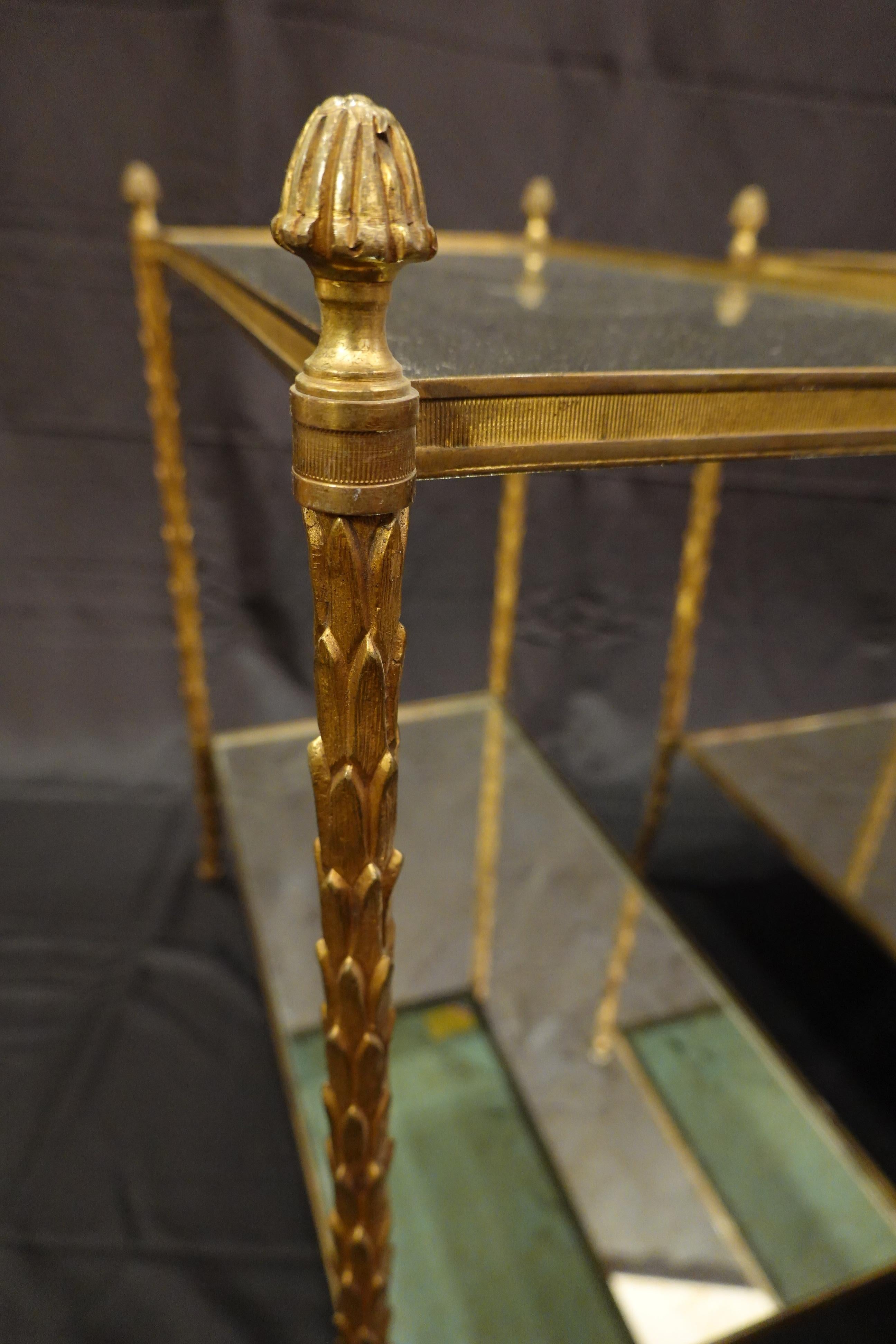 Pair of Bagues Gilt-Bronze Two-Tiered Side Tables with Eglomise Glass Tops For Sale 2