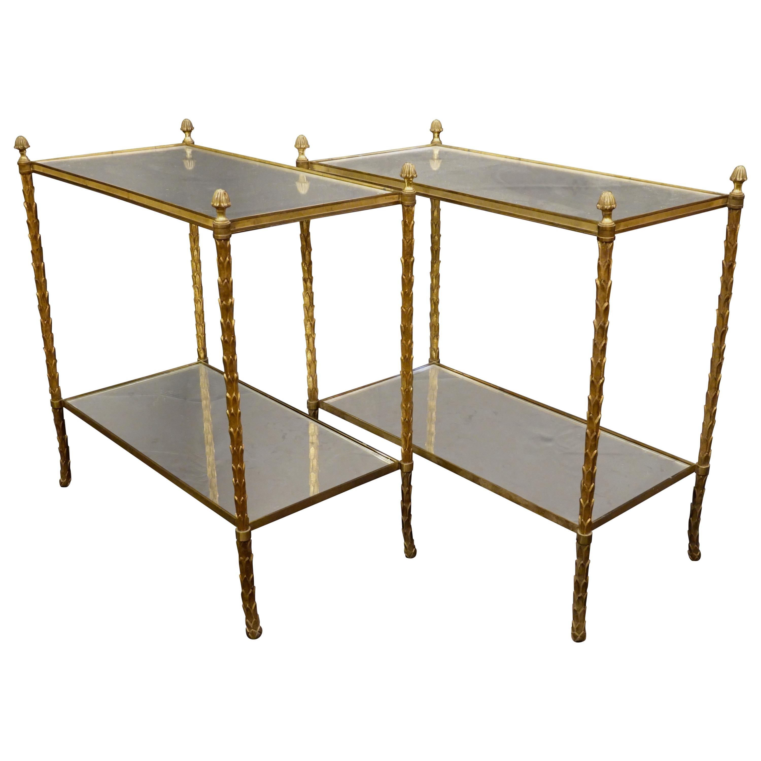 Pair of Bagues Gilt-Bronze Two-Tiered Side Tables with Eglomise Glass Tops For Sale
