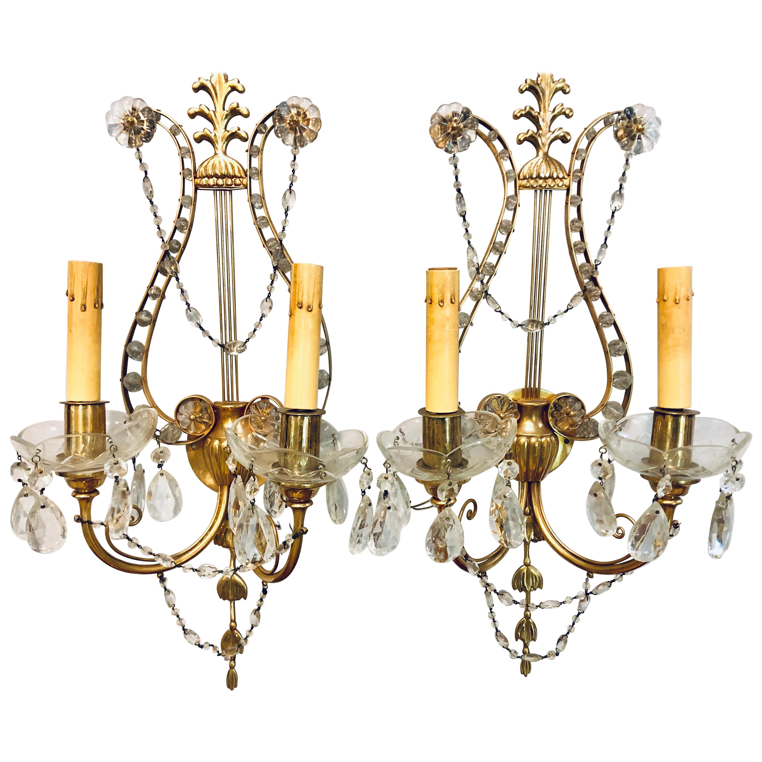 Pair of Bagues Louis XVI Style Lyre Back Crystal and Brass 2 Light Wall Sconces For Sale