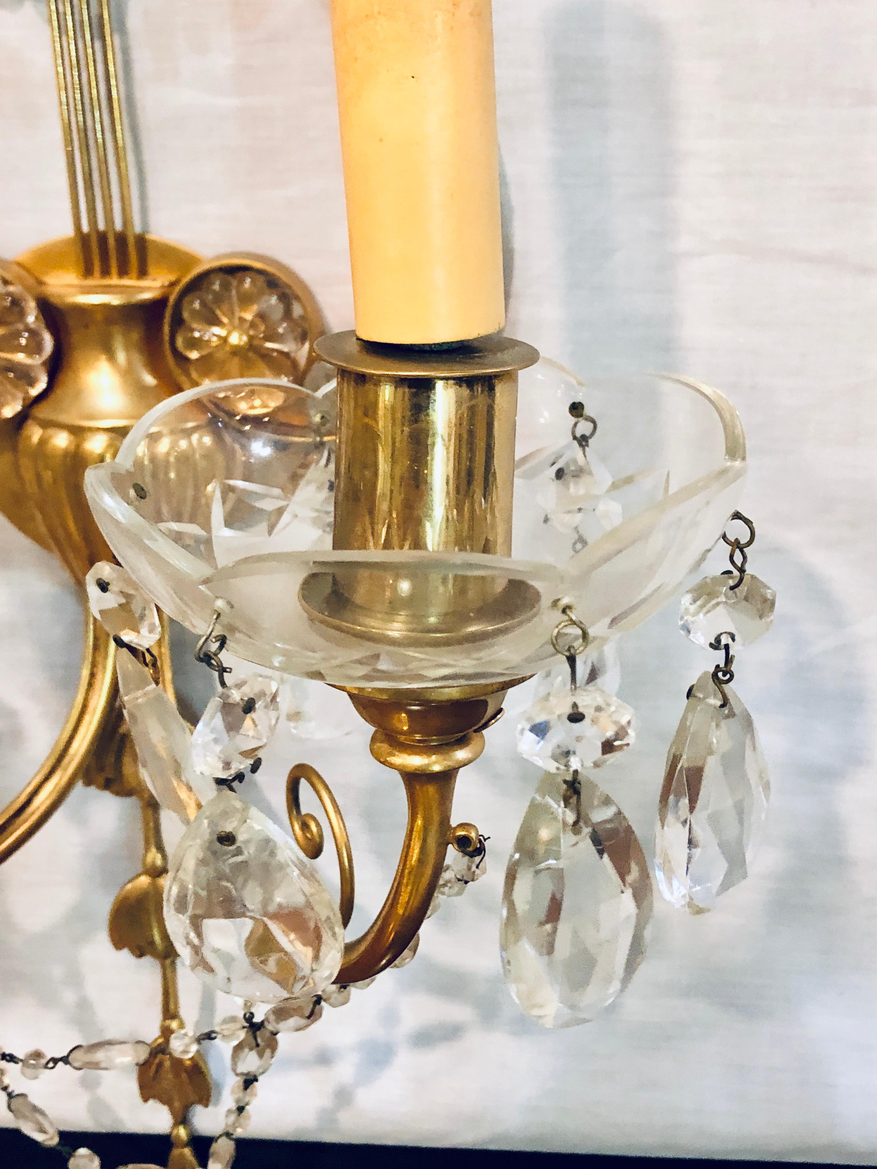 Pair of Bagues Louis XVI Style Lyre Back Crystal and Brass 2 Light Wall Sconces For Sale 5