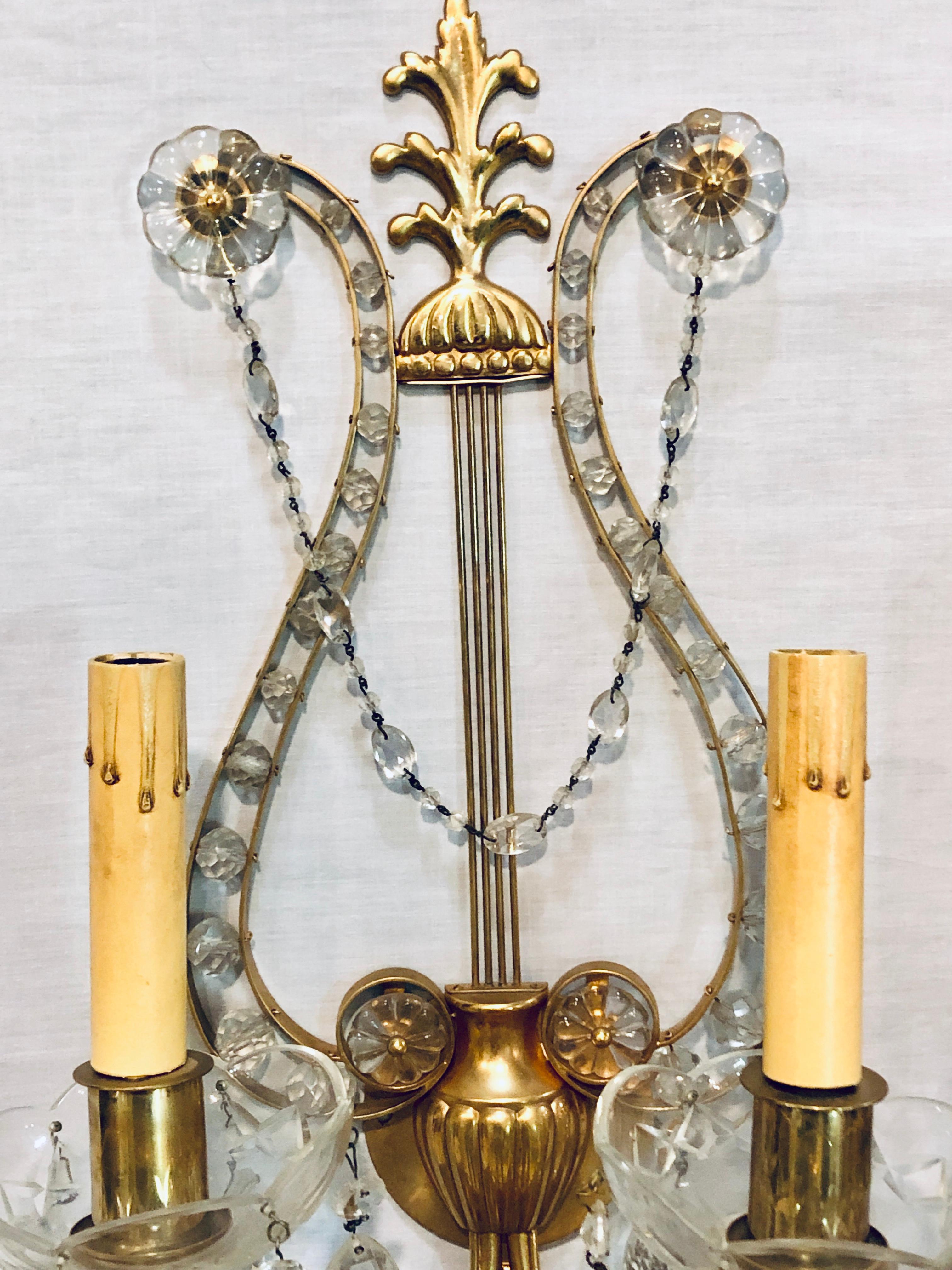 Hollywood Regency Pair of Bagues Louis XVI Style Lyre Back Crystal and Brass 2 Light Wall Sconces For Sale