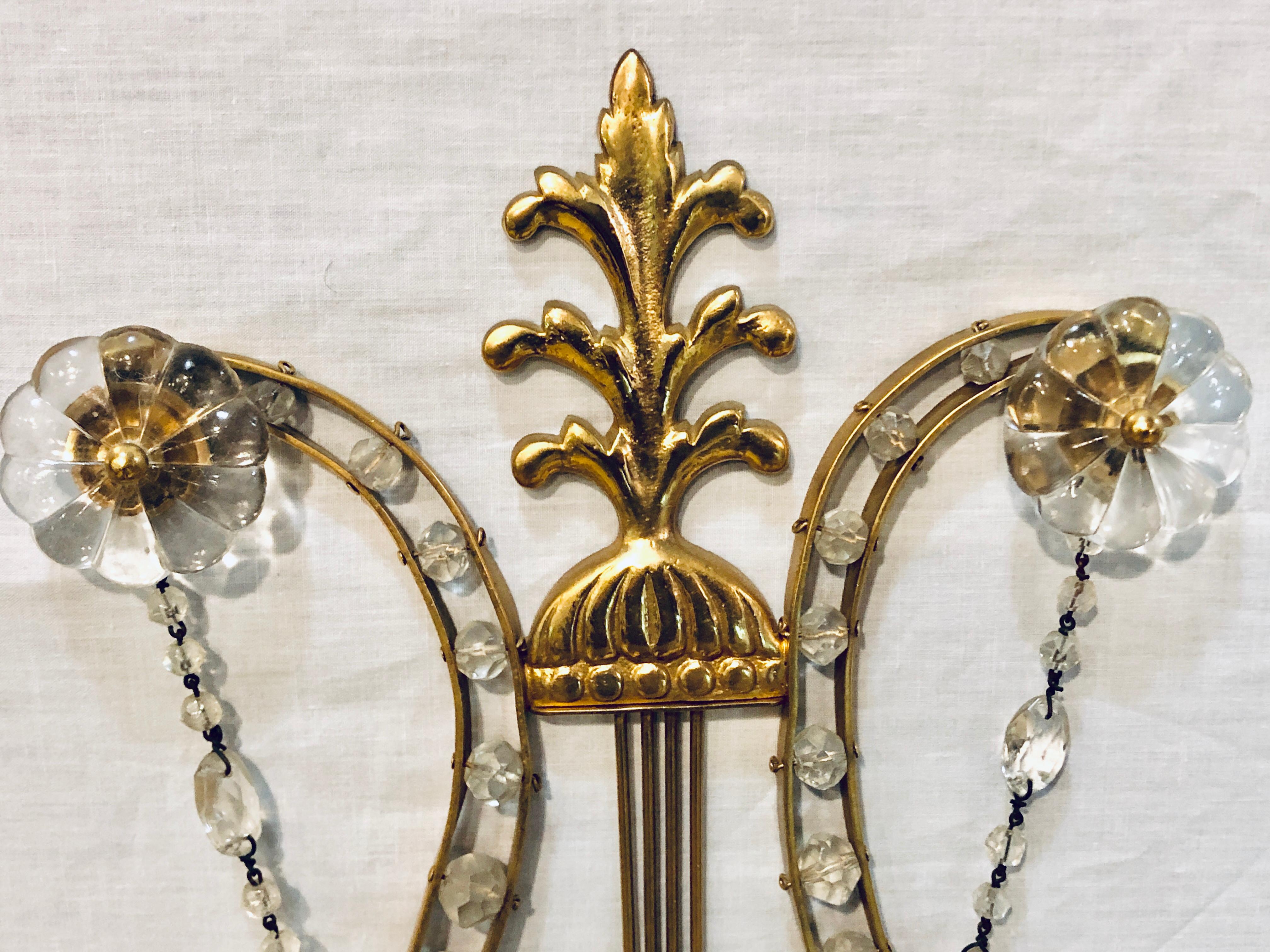 French Pair of Bagues Louis XVI Style Lyre Back Crystal and Brass 2 Light Wall Sconces For Sale